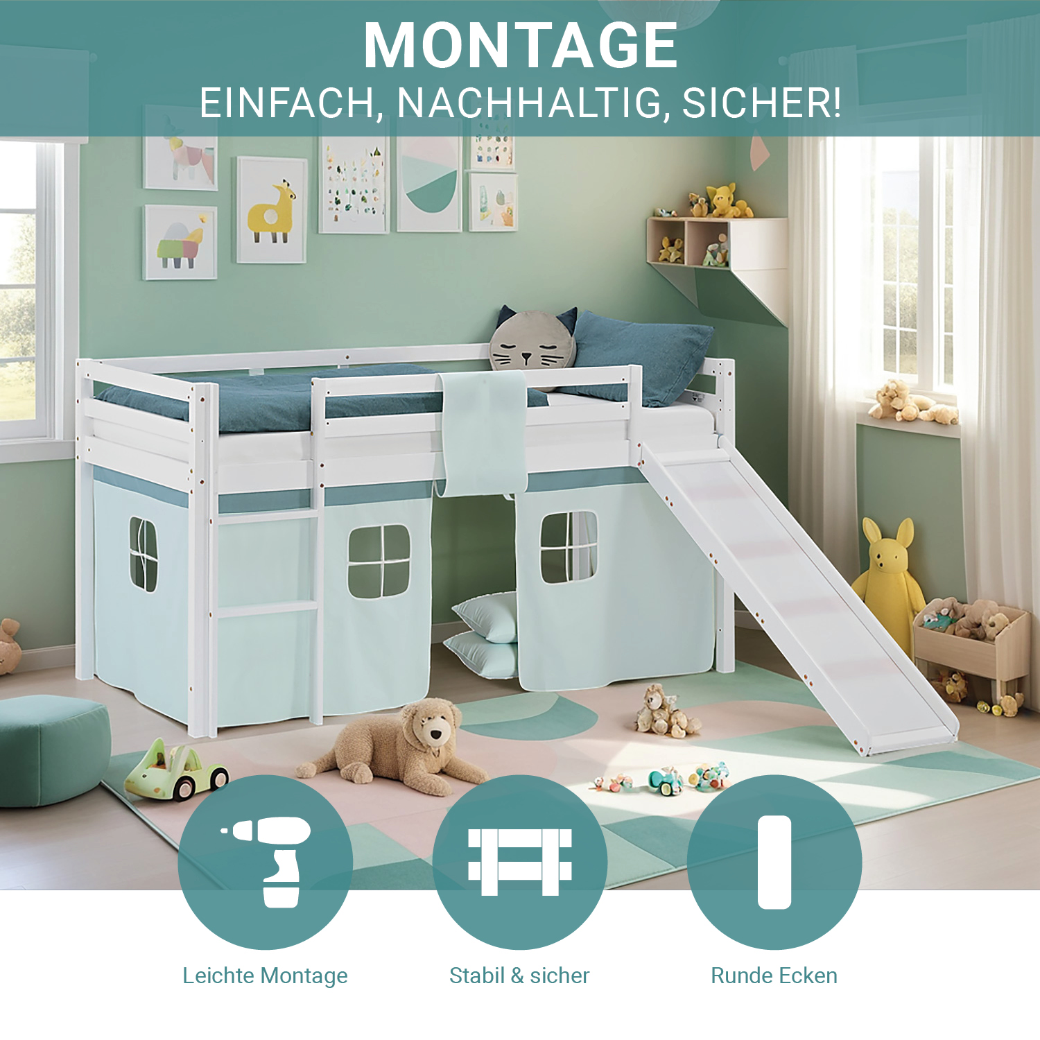 Loft Bed for Kids 90x200 cm White with Curtain in Mint Green | Slide | with Slatted Frame and Mattress