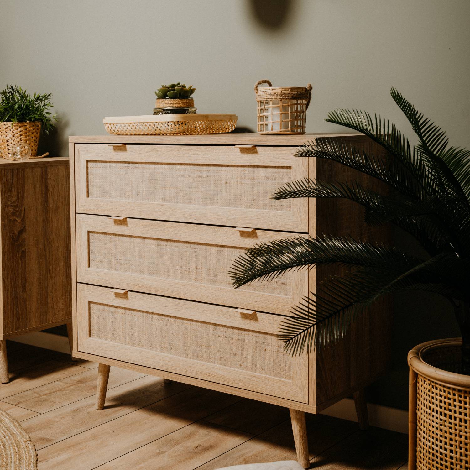 Sideboard Cabinet Wood Brown Rafia Living Room Bed Room Furniture with Drawers