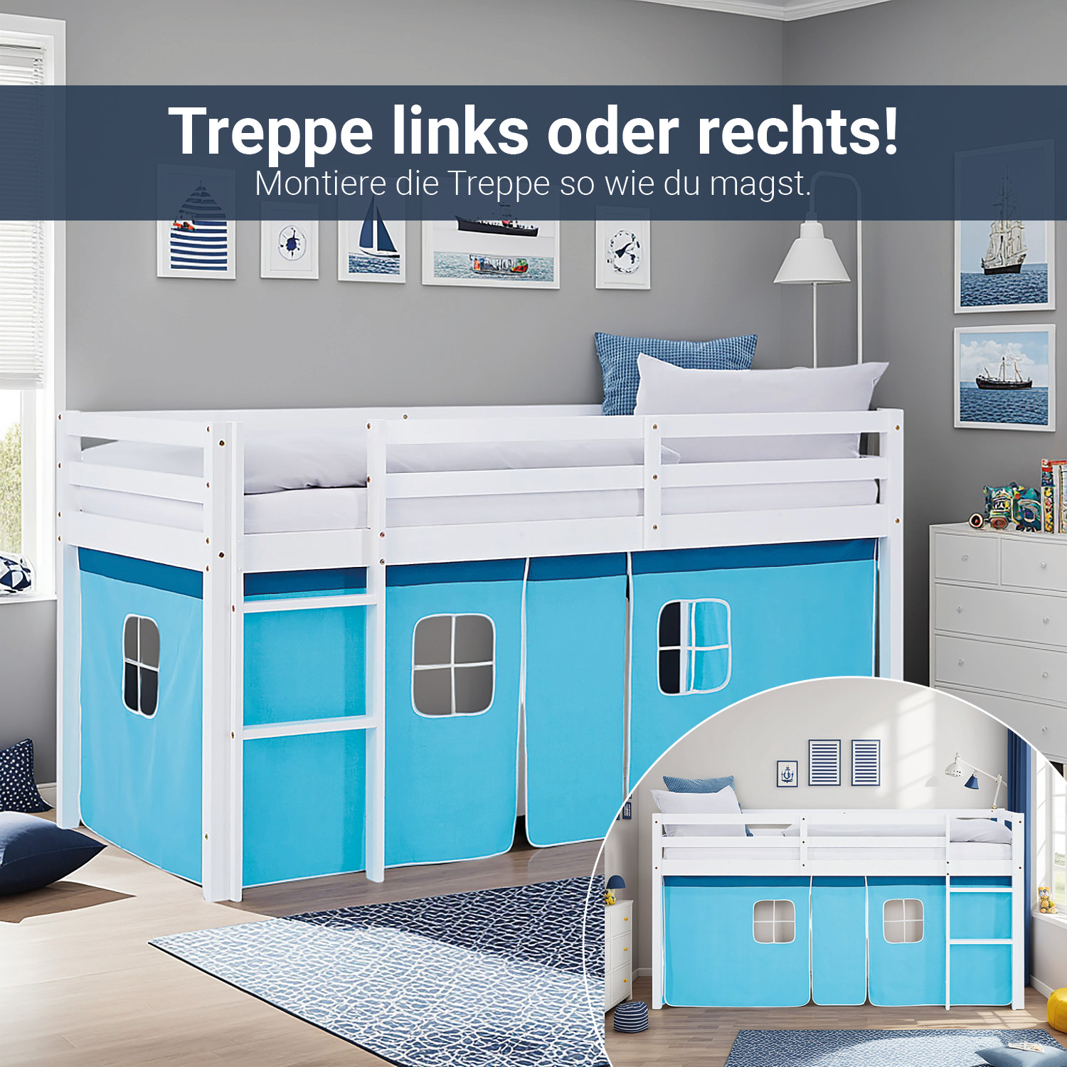 Loft Bed for Kids 90x200 cm White with Curtain in Blue | with Slatted Frame and Mattress