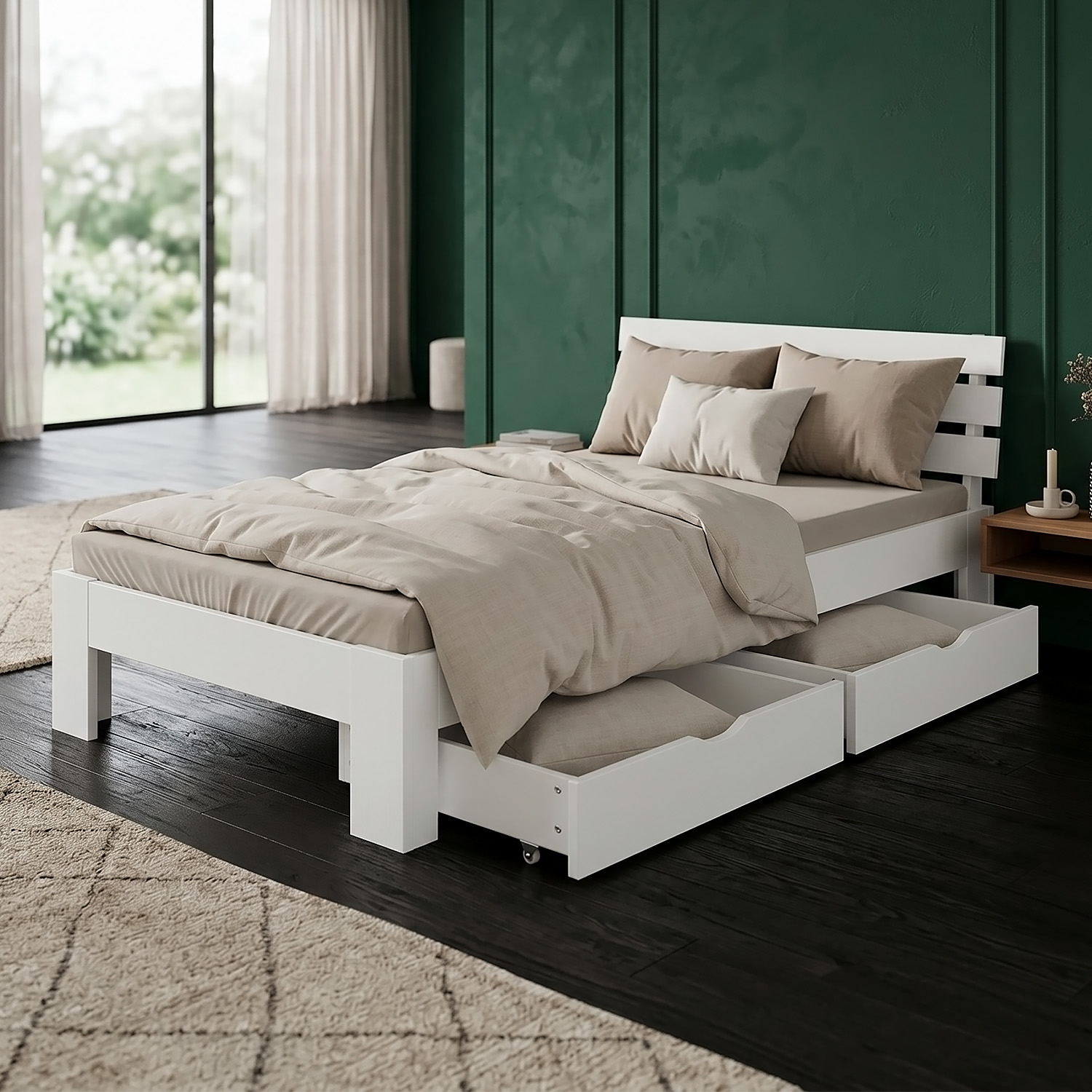Wood Bed 90x200 cm White | Single Bed | with Spring Mattress | 2 Drawers | Youth Guest Bedroom
