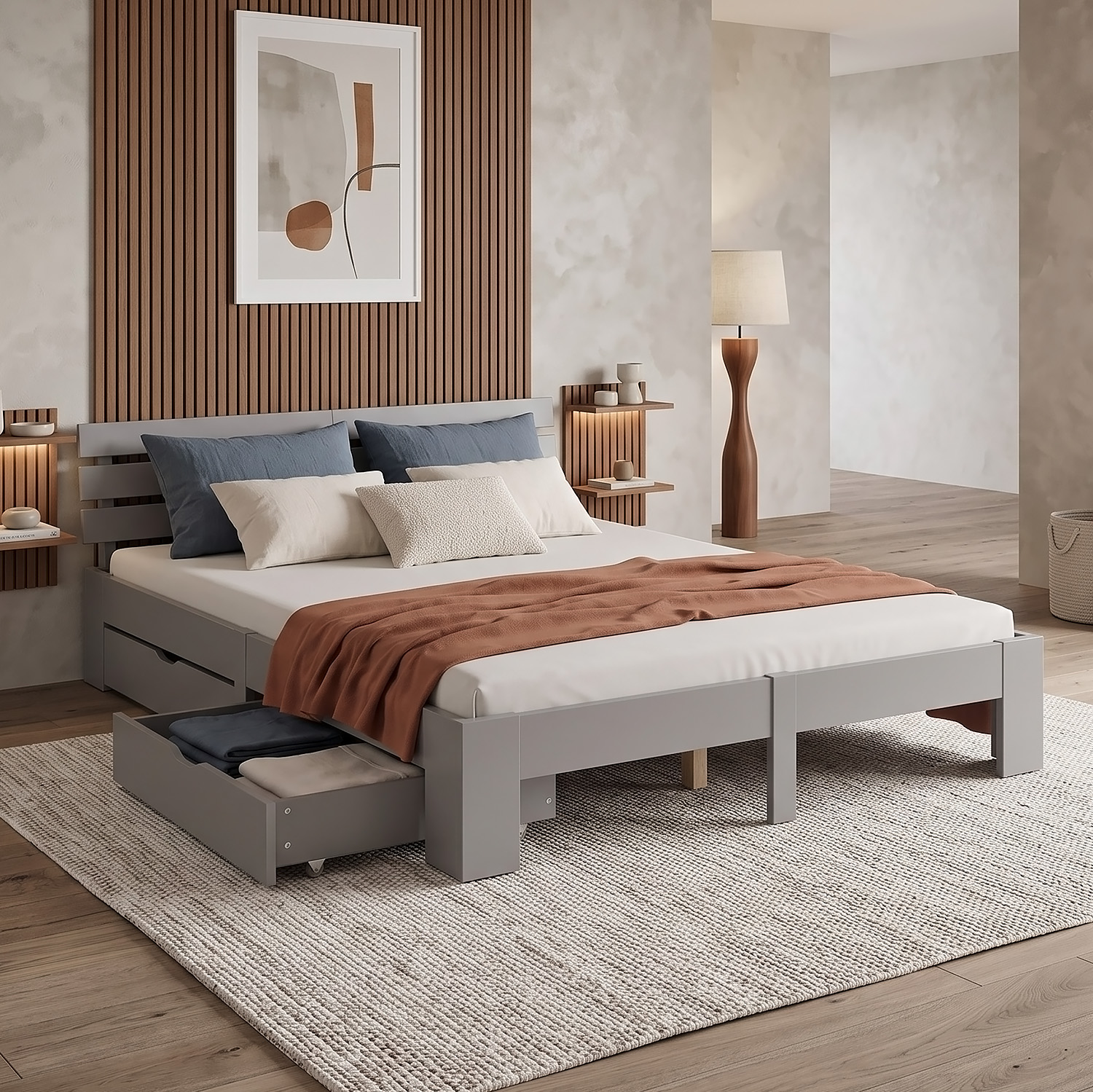 Wooden Bed 140x200 cm, Gray, with Storage Compartment & Slatted Base – Solid Wood Double Bed