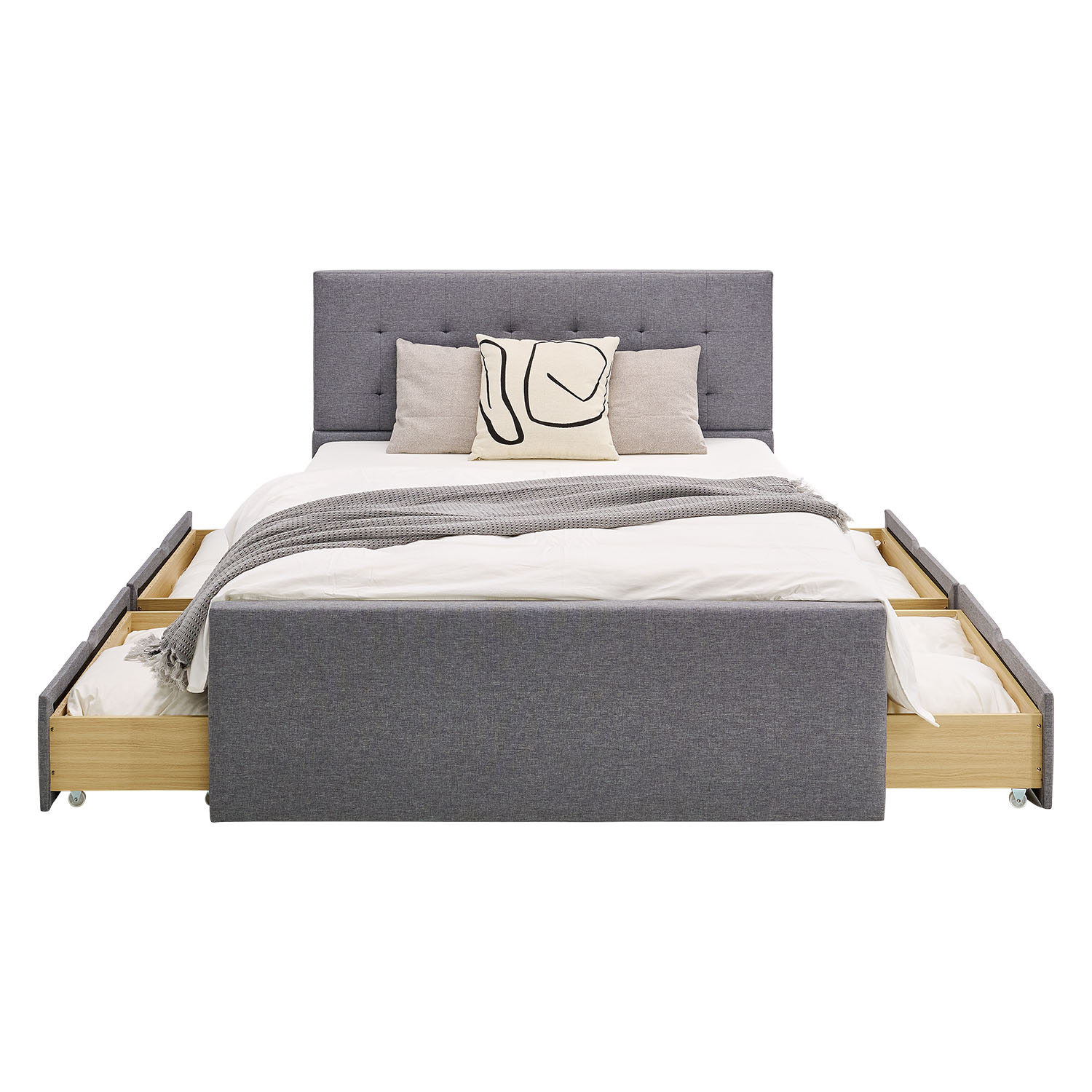 Upholstered bed 140x200 cm grey | with slatted frame | with 4 bed drawers | double fabric bed frame