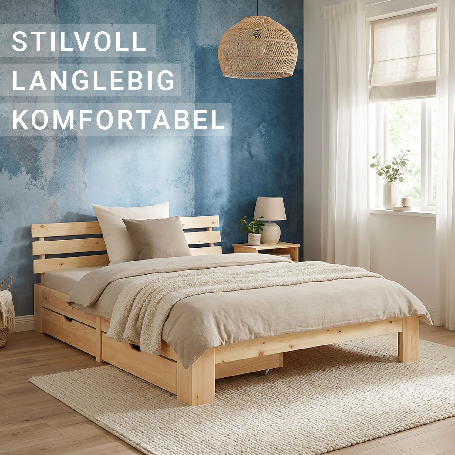 Wood Bed 90x200 cm Natural | Small Double Bed | with Mattress | 2 Drawers | Kids Youth Guest Bedroom