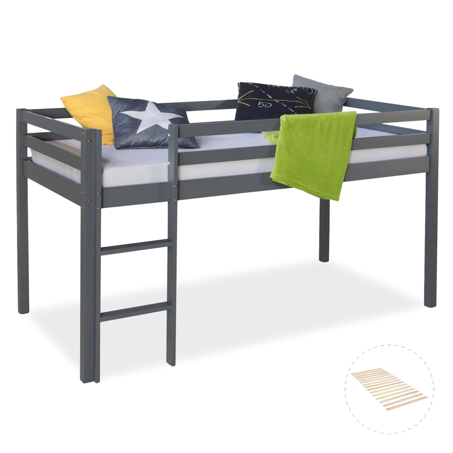 Kinderhochbett in Grau mit Elementen aus Kiefernholz, Lattenrost und Leiter. Der Artikel ist freigestellt auf weißem Hintergrund abgebildet. Sichtbare Details sind eine Leiter und seitliche Schutzgitter.