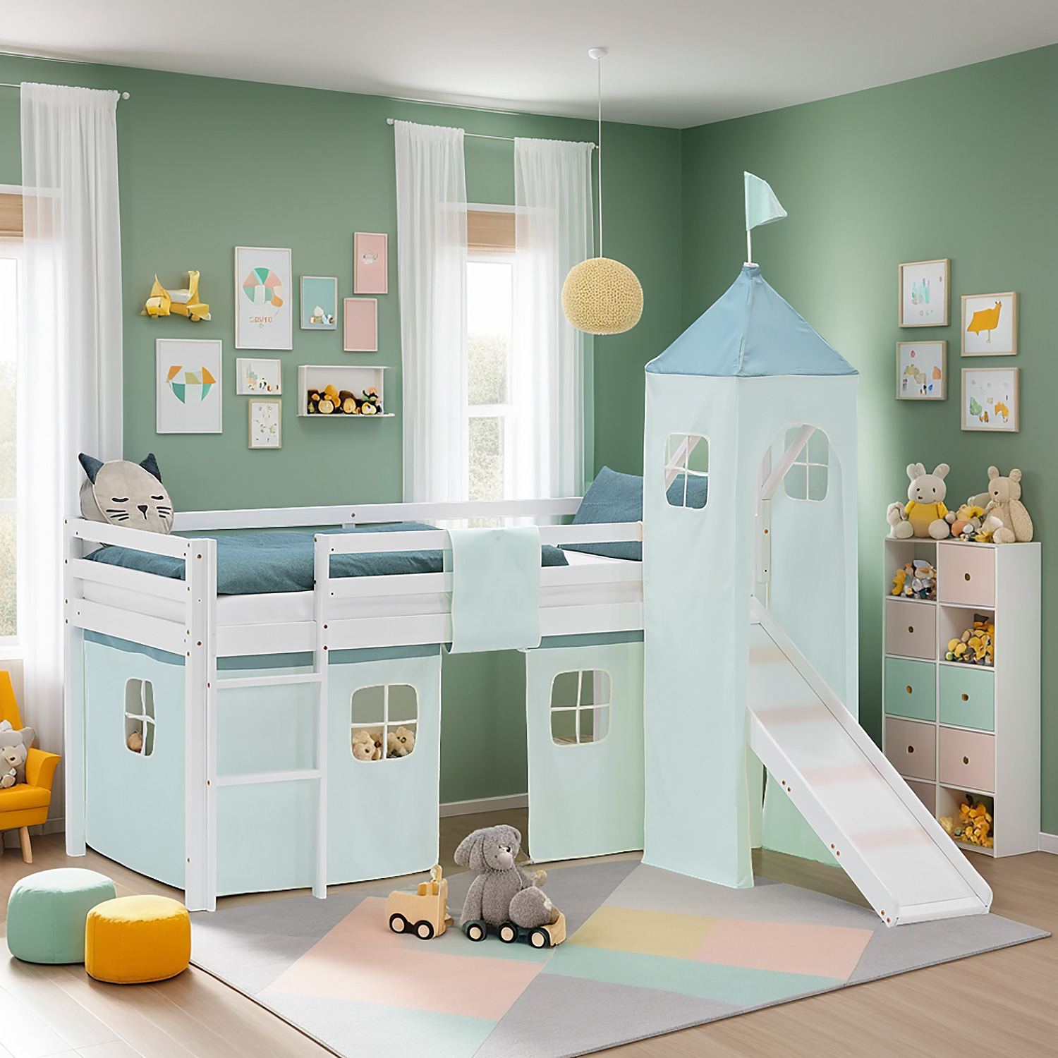 Loft Bed for Kids 90x200 cm White with Curtain in Mint Green | Slide | Tower | with Slatted Frame and Mattress