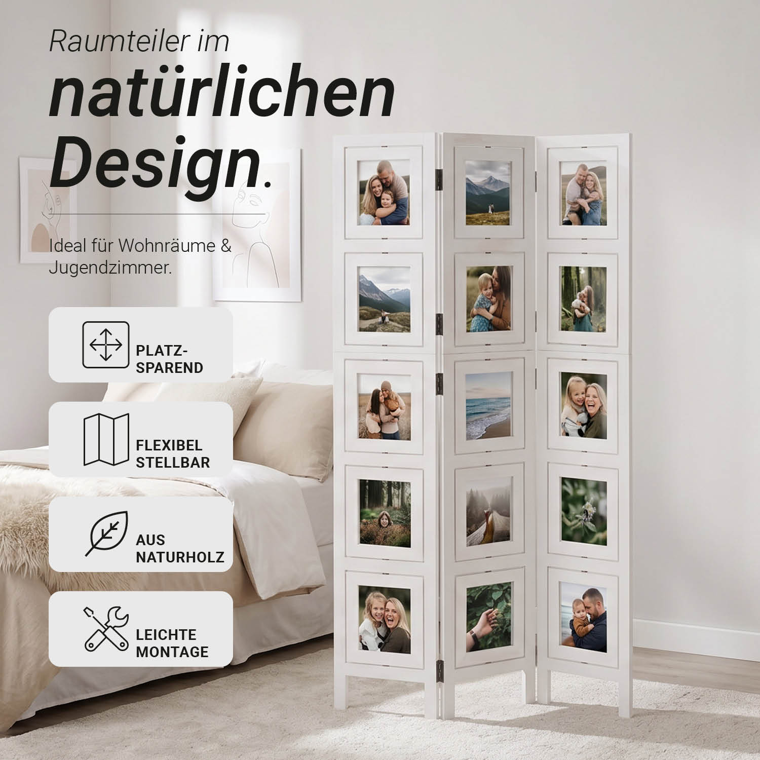 White 3-panel folding screen with photo prints – Modern room divider & decorative privacy screen