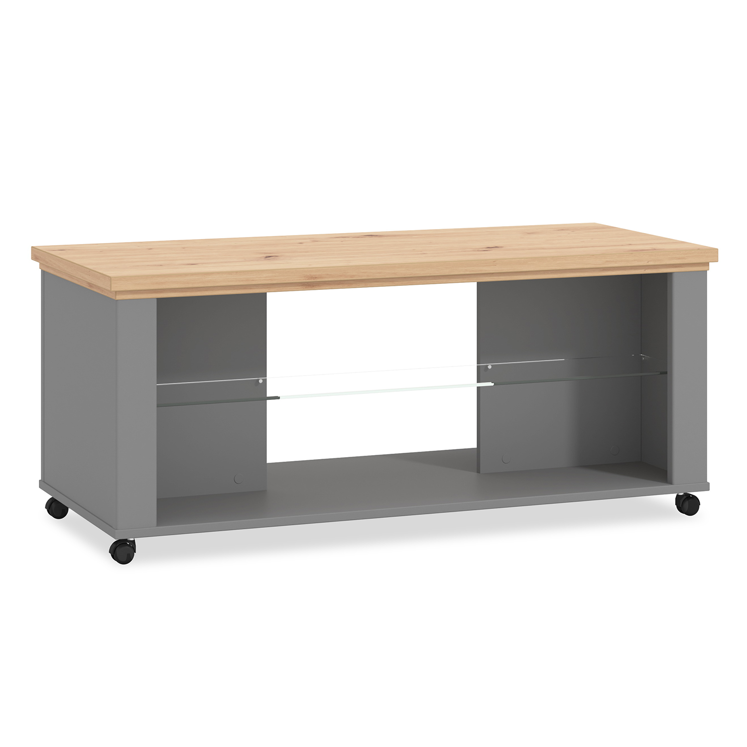 Couchtisch in Grau und Naturholzfarbe mit Holzelementen, Rollen und Stauraum. In der eingerichteten Szene sind ein graues Sofa, dekorative Kissen und grüne Pflanzen zu sehen.