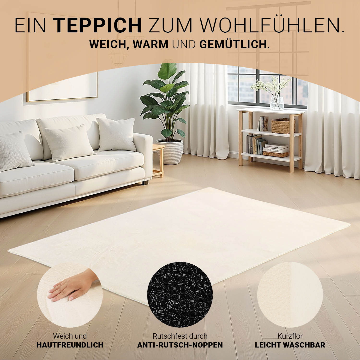 Beiger Kurzflor-Teppich 120x180 – Weich, Waschbar & Antirutsch