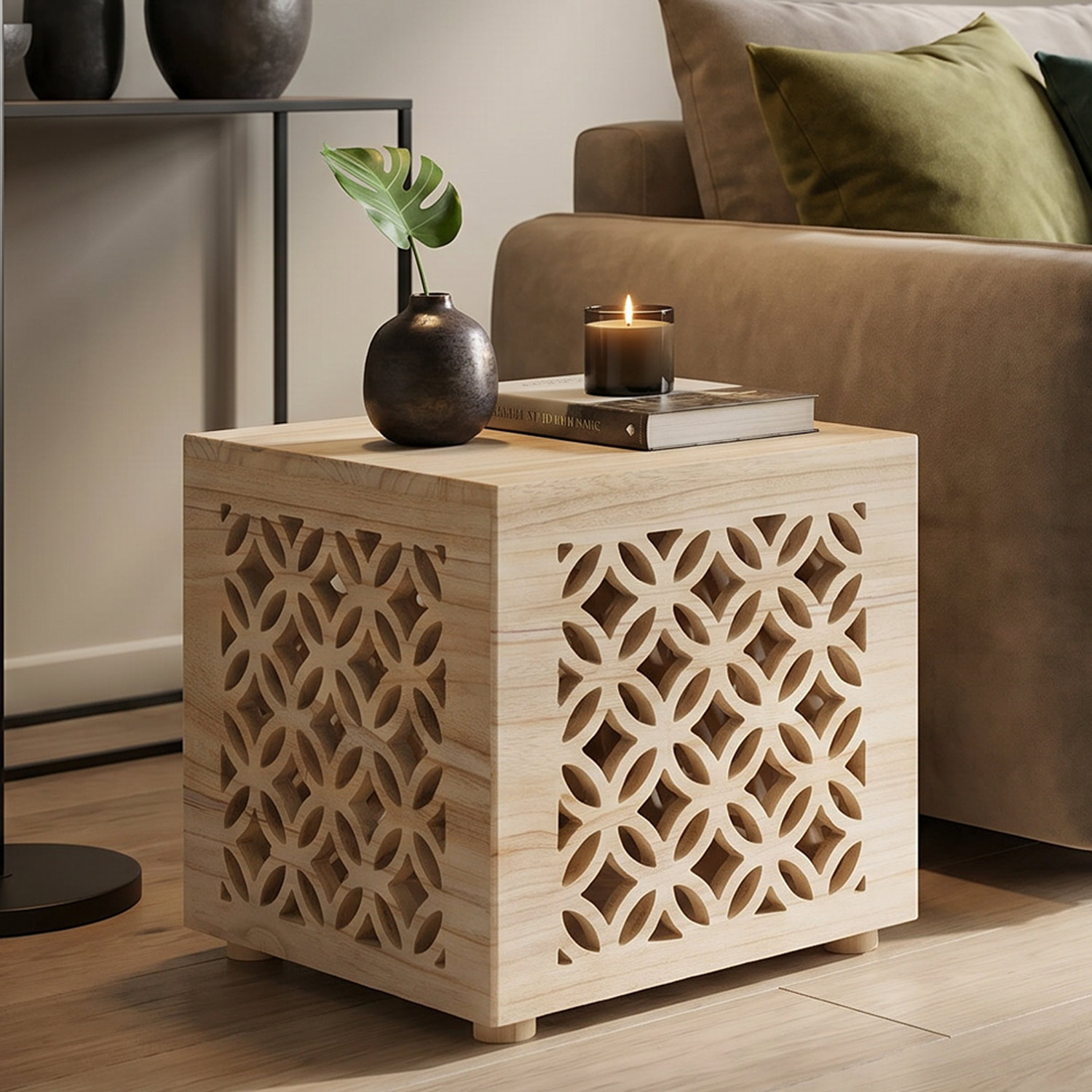 Side table wood cube bedside light