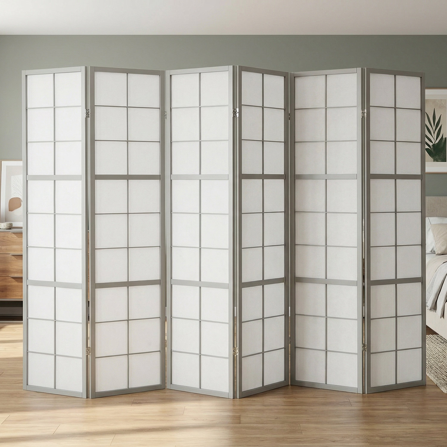 Paravent Grey Shoji | 6-panel | Wood | Room Divider | Partition Privacy Screen