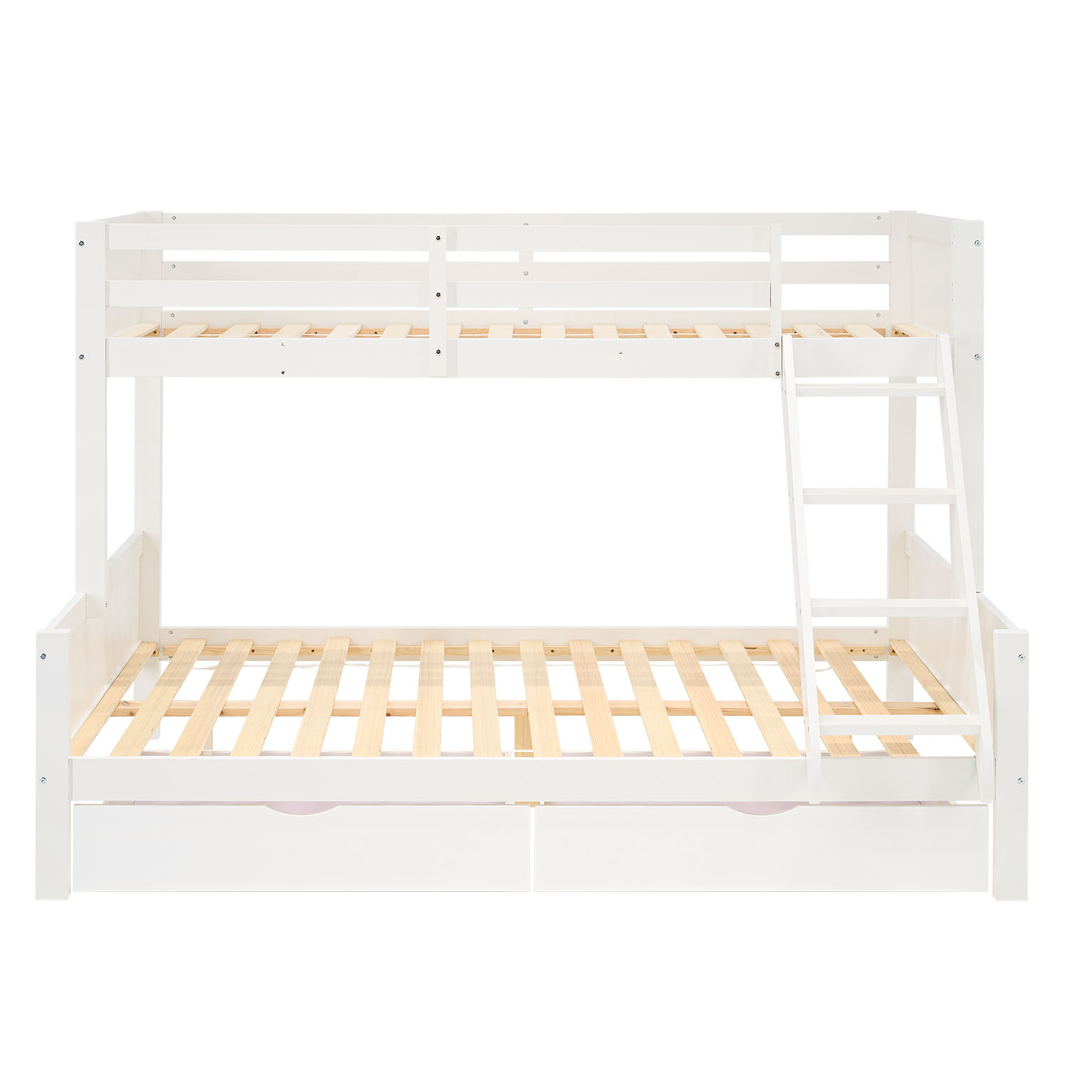 White Wooden Bunk Bed for Kids & Teens, 90x200 cm & 140x200 cm, with 2 Underbed Drawers and 2 Mattresses