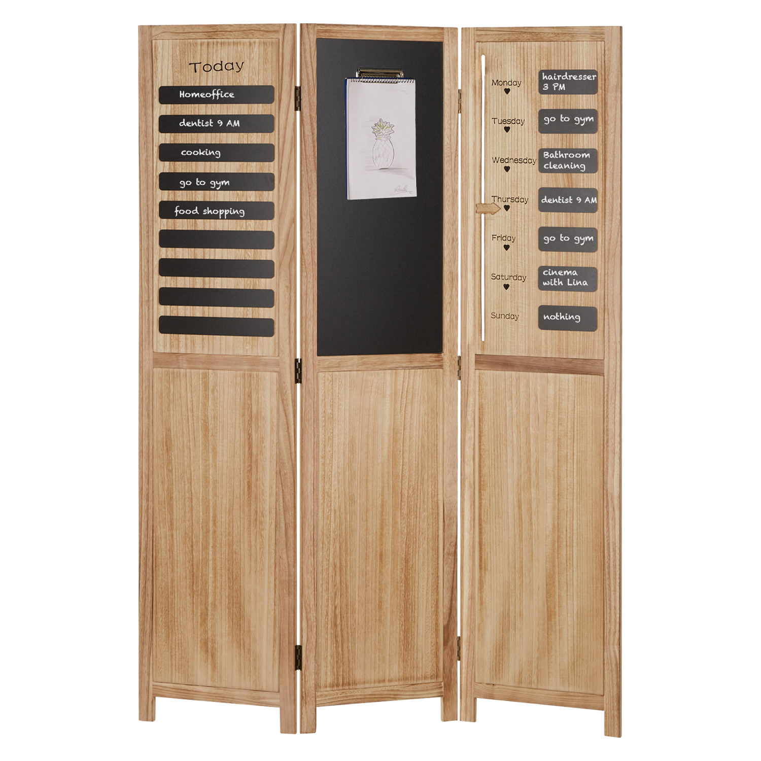 Paravent Natural with Blackboard Elements | Slate Memo Blackboard | 3-panel | Wood | Room Divider Partition Privacy Screen