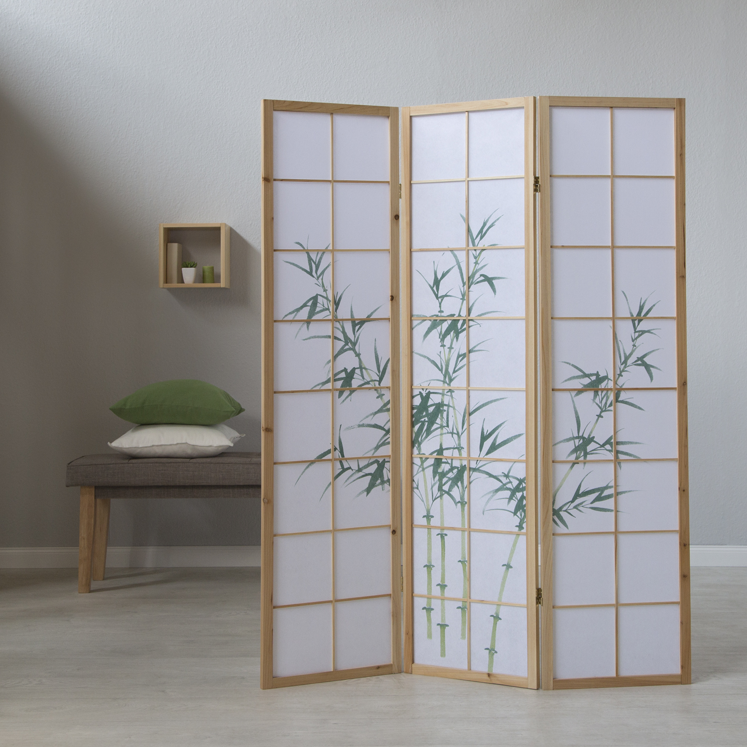 Japanese bamboo room divider in a modern living space ? stylish wooden and Shoji paper screen, ideal as a decorative privacy screen or Asian-inspired interior element.