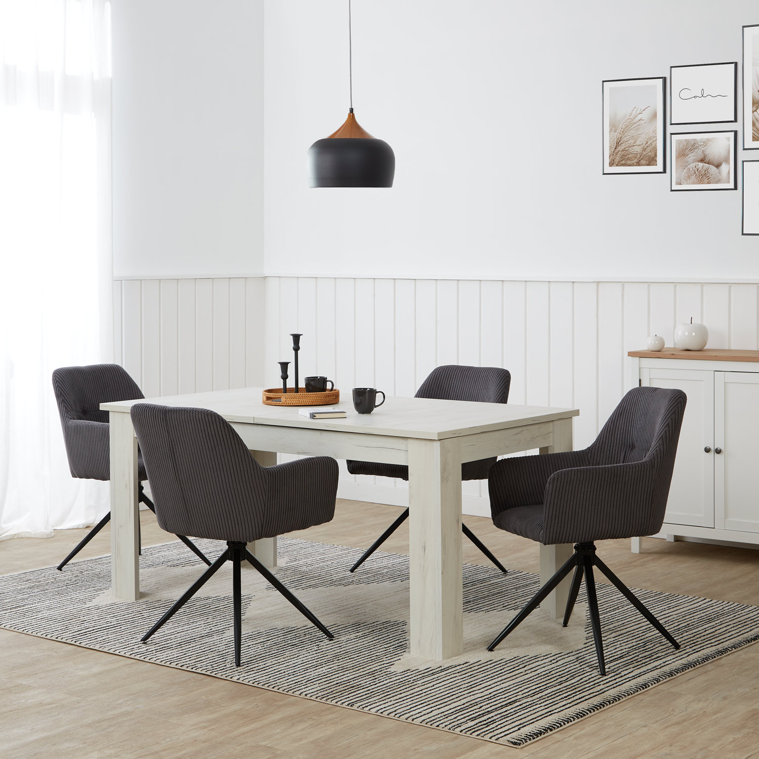 White Vintage Dining Set (160–200 cm) with 4 gray cord chairs, armrests, and a swivel metal base