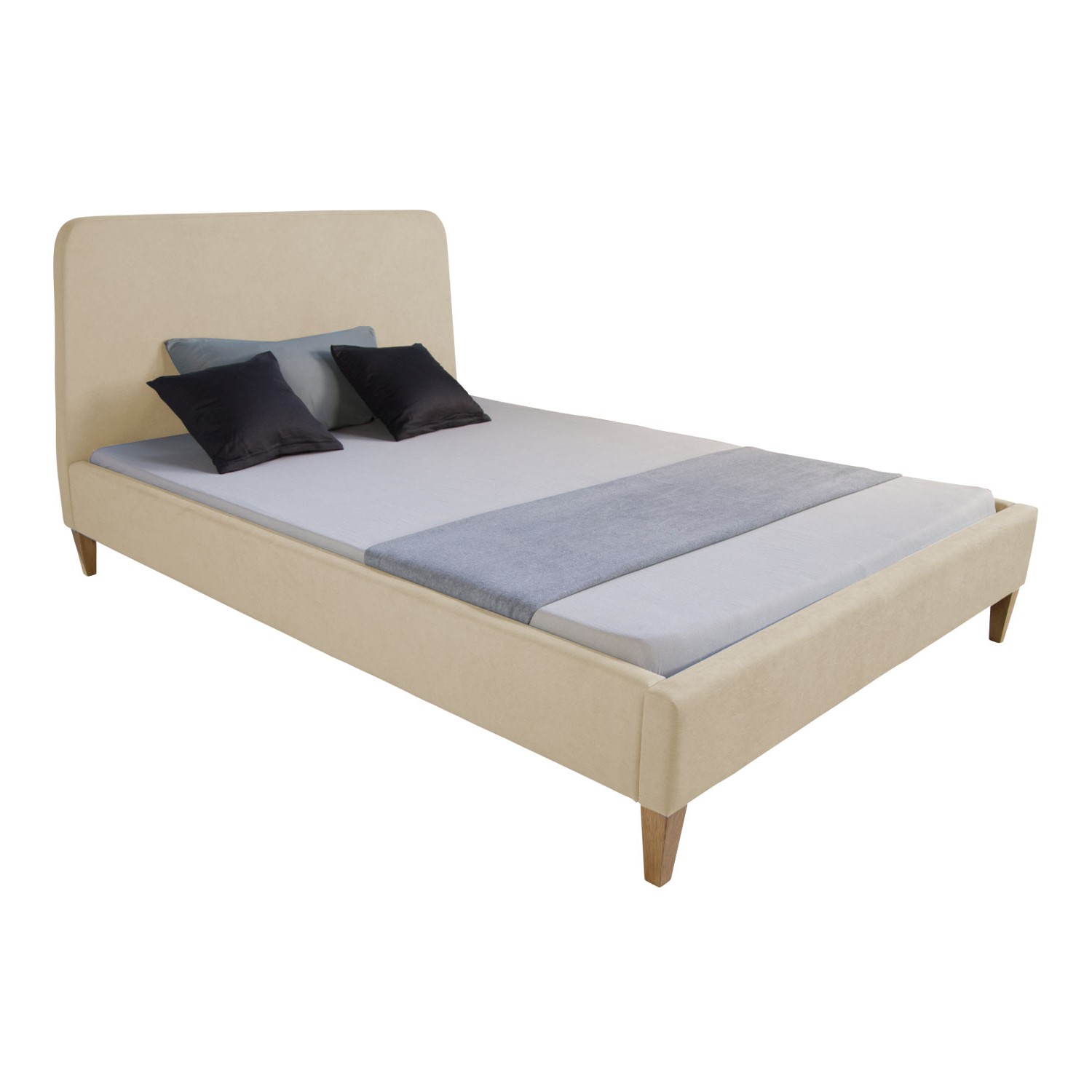 Polsterbett in Beige mit Stoffbezug. In der eingerichteten Szene sind eine graue Wand, Bilderrahmen und ein heller Teppich zu sehen.