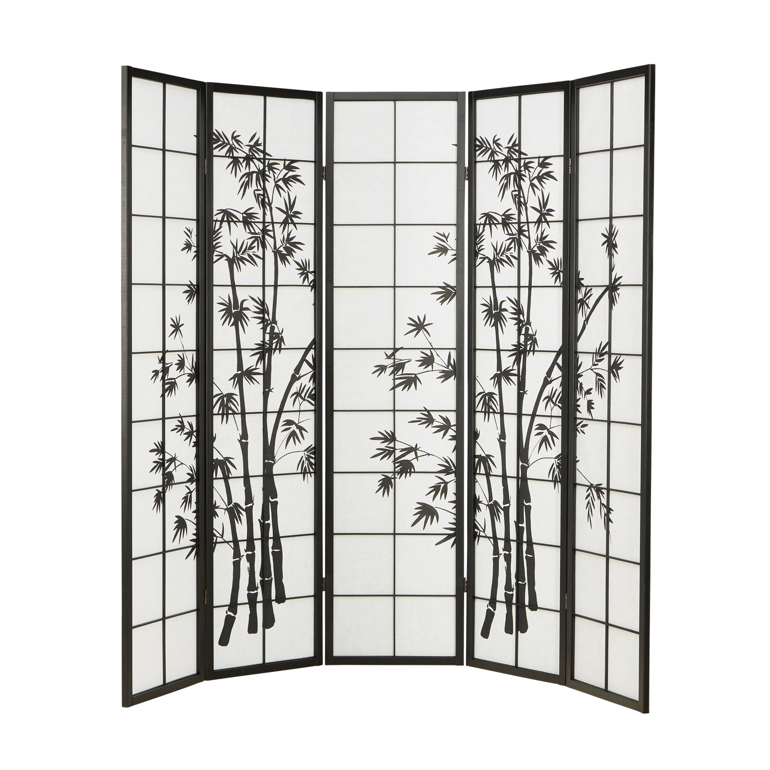 Paravent Black Bamboo Pattern Print | 5-panel | Wood | Room Divider Partition Privacy Screen