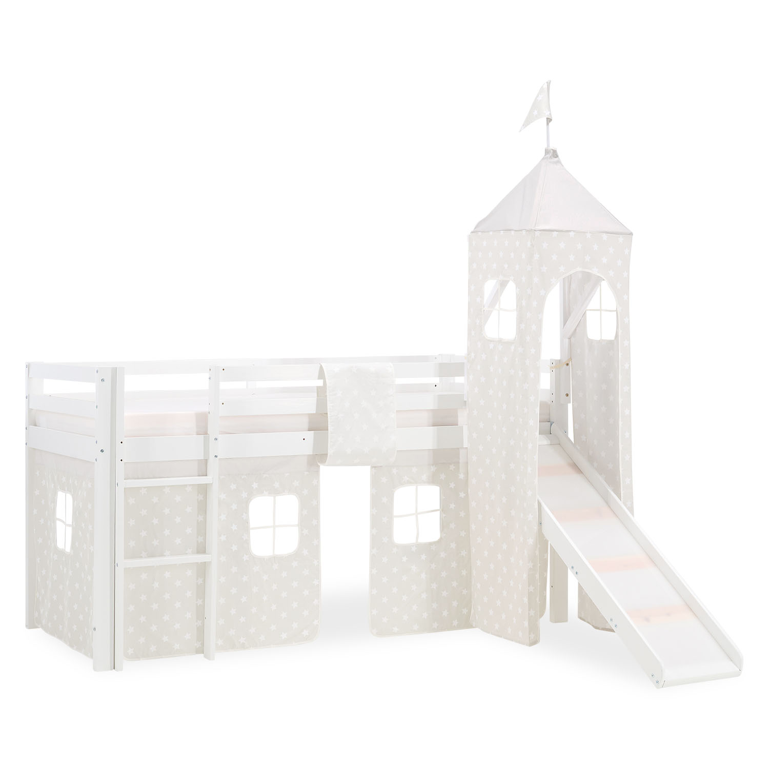 Loftbed 90x200 cm Bunk bed Childrens bed Solid Pine Wood Tower Tunnel Curtain Grey Stars Slide Mattress Slats