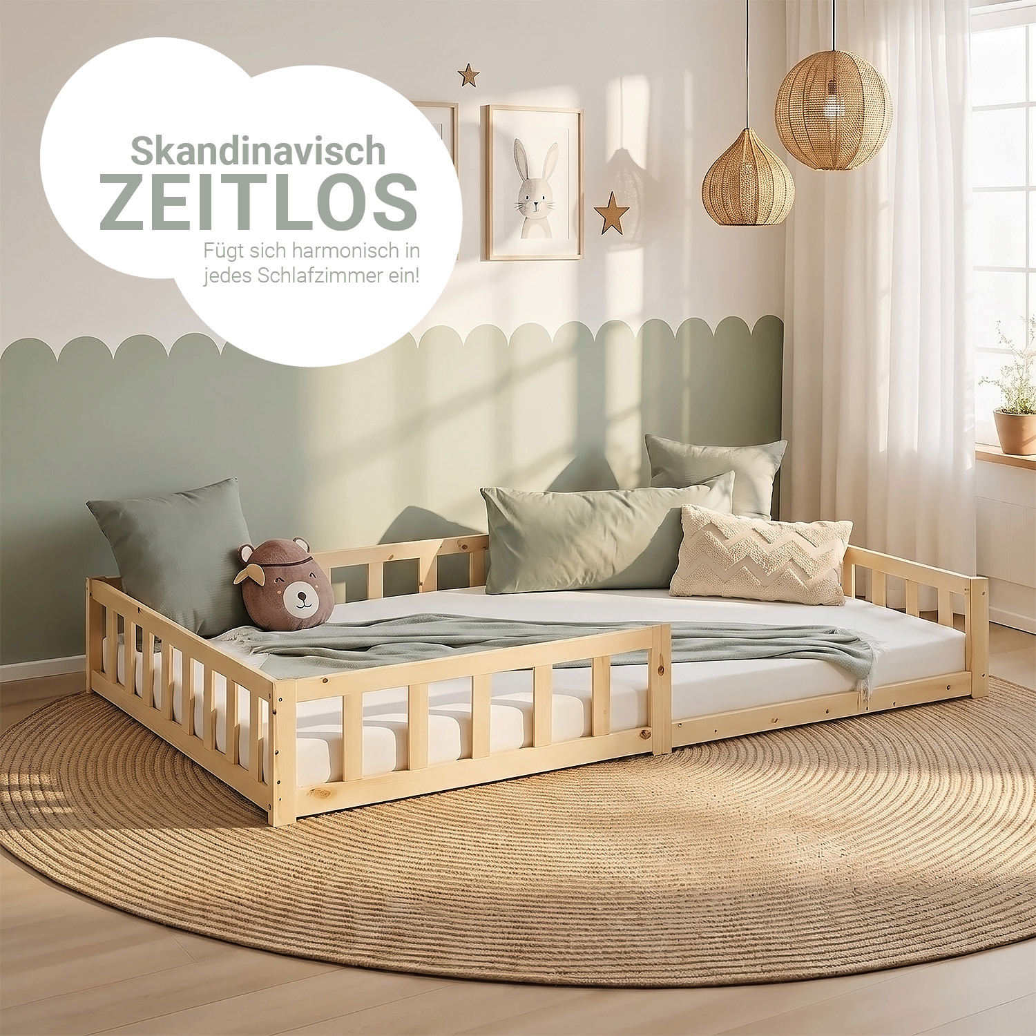 Montessori Crib 120x200 cm Natural, Includes Mattress & Slatted Base – Floor-Level Crib with Safety Rails Made of Solid Wood