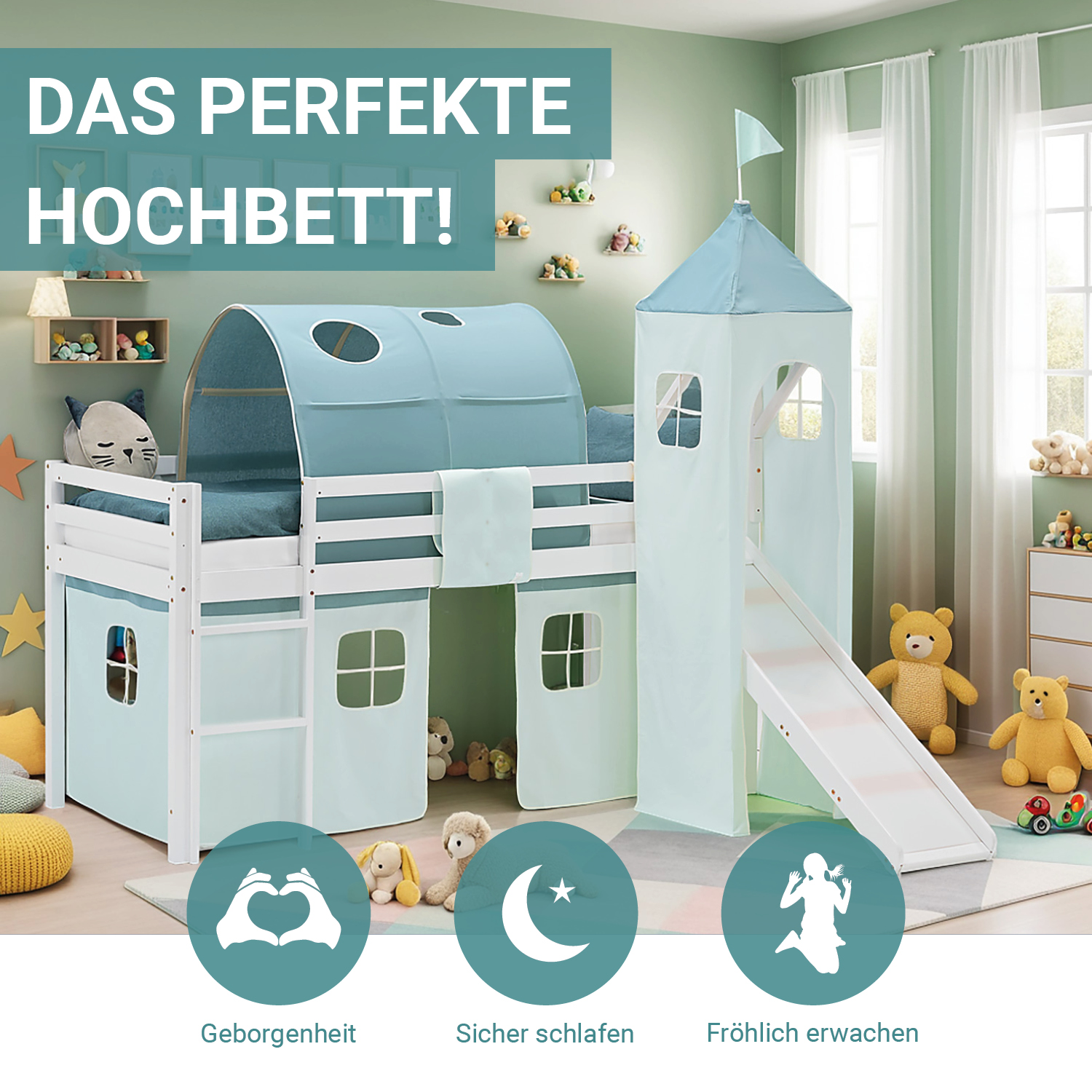 Loft Bed for Kids 90x200 cm White with Curtain in Mint Green | Slide | Tower | Tunnel | with Slatted Frame and Mattress