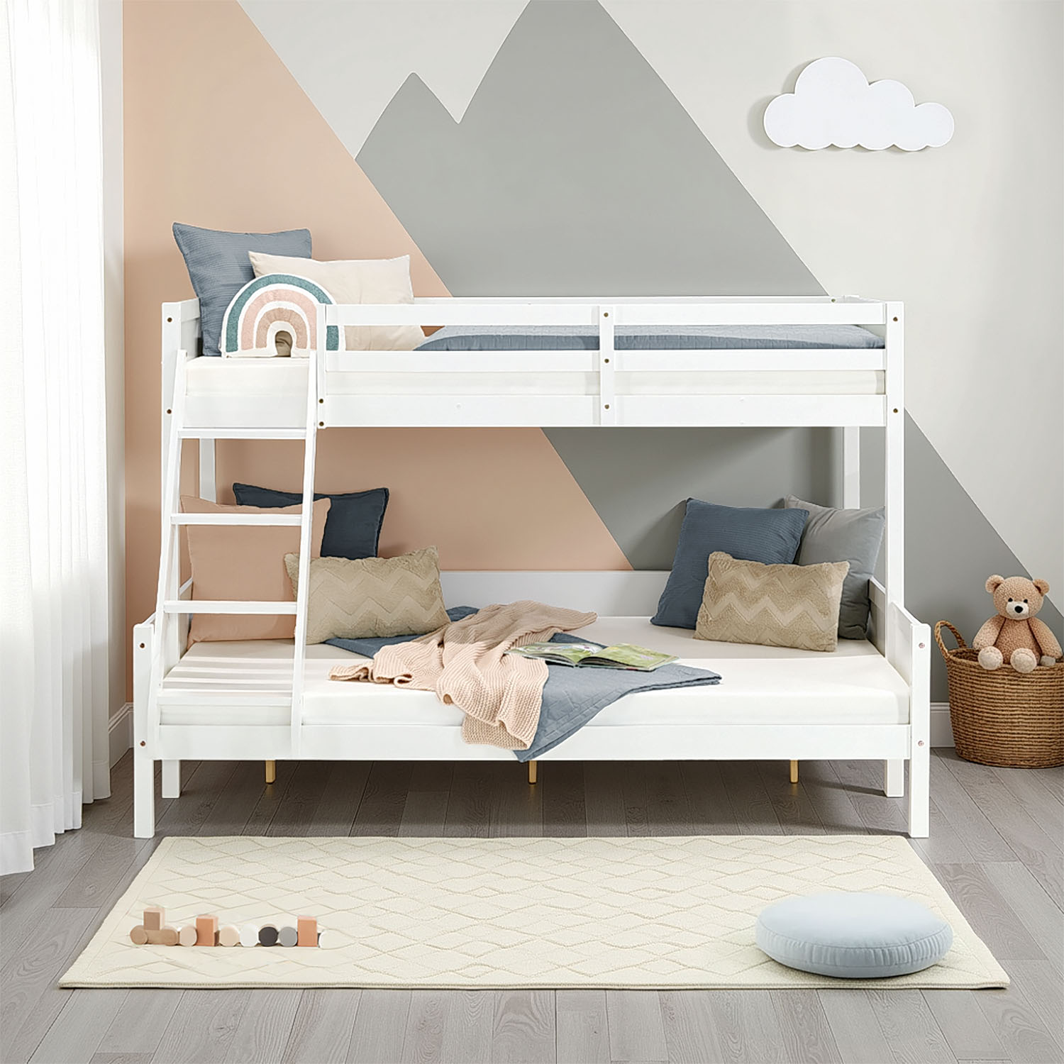 Children´s Bed Bunk Bed 90x200 and 140x200 High Sleeper Cot White Wood with Slats 2 Matresses
