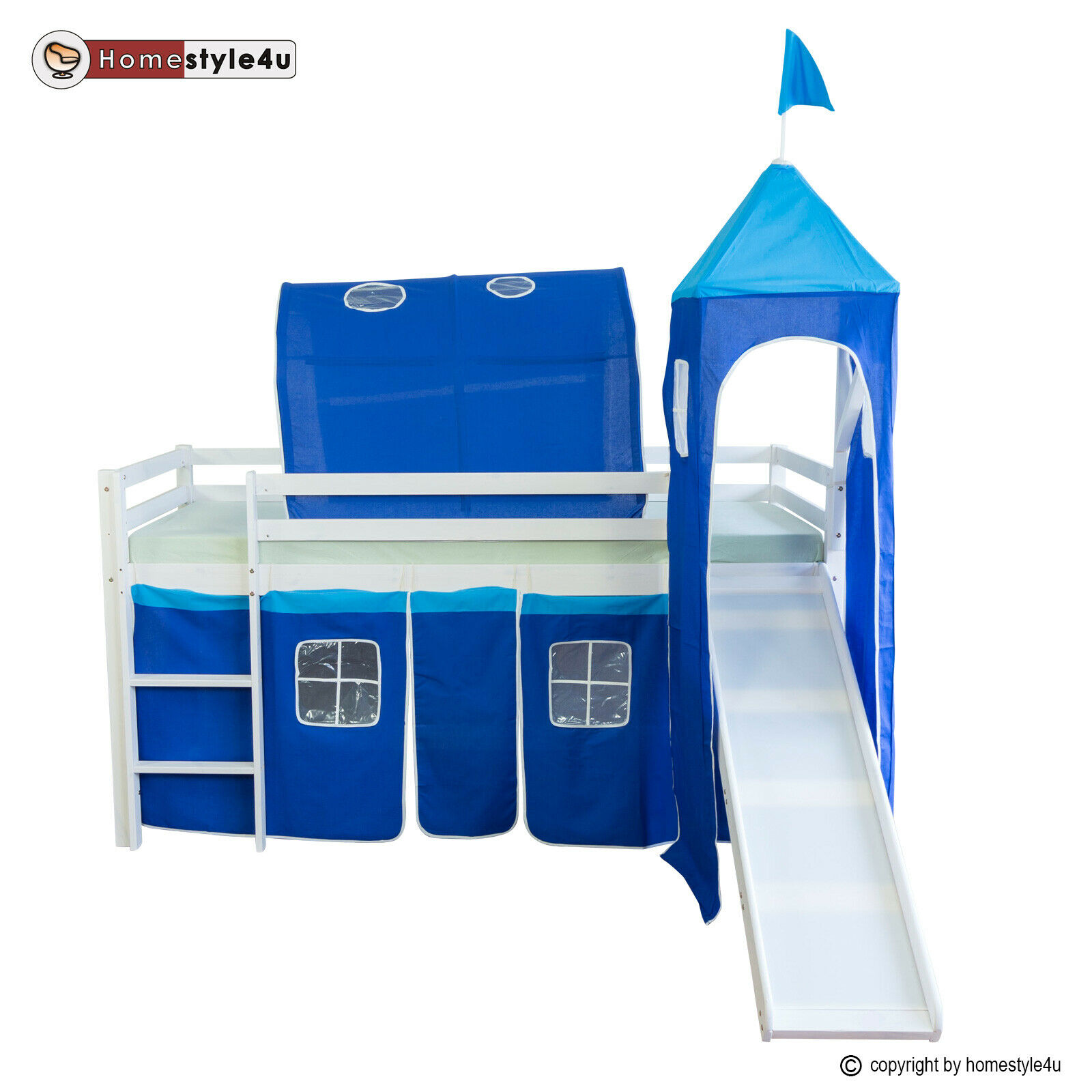 Loft Bed Kids 90x200 cm White with Curtain Blue | Tunnel | Tower | Slide | without Slatted Frame Loft Bed Kids 90x200 cm White with Curtain Blue | Tunnel | Tower | Slide | without Slatted Frame