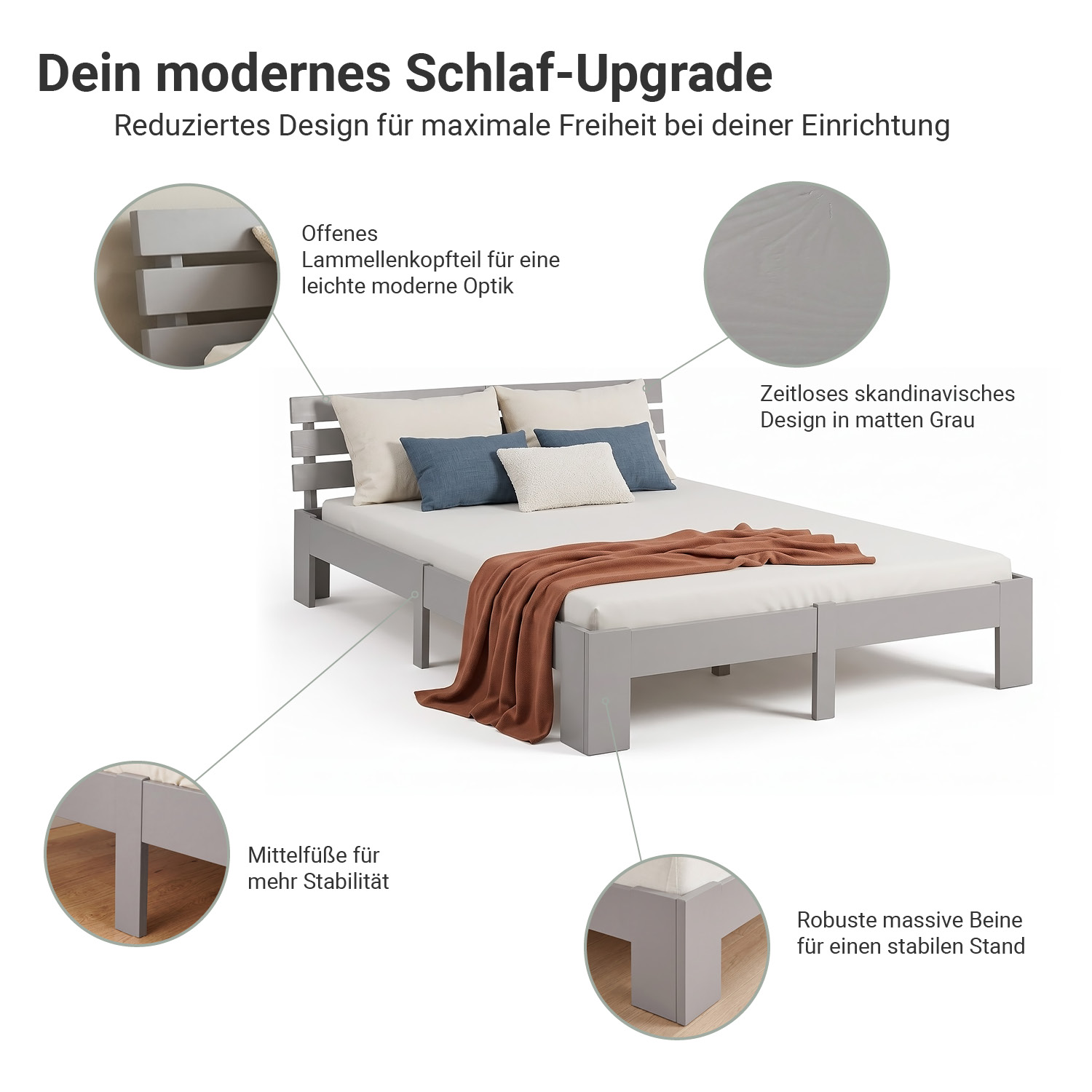 Wood Bed 160x200 cm Grey | Double Bed | with 2 Mattress | Solid | Kids Youth Guest Bedroom