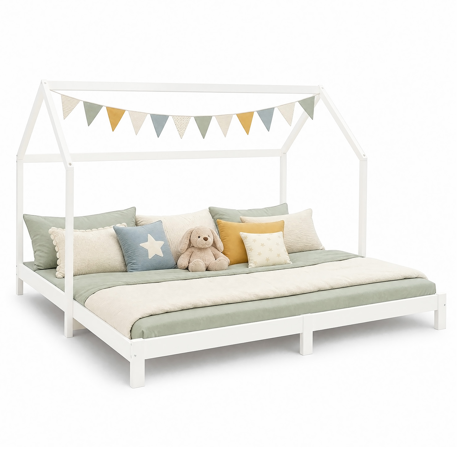 Children's Bed 90x200 cm White | House Bed Extendable to Double Bed | Functional Bed | with Slatted Frame | Wood