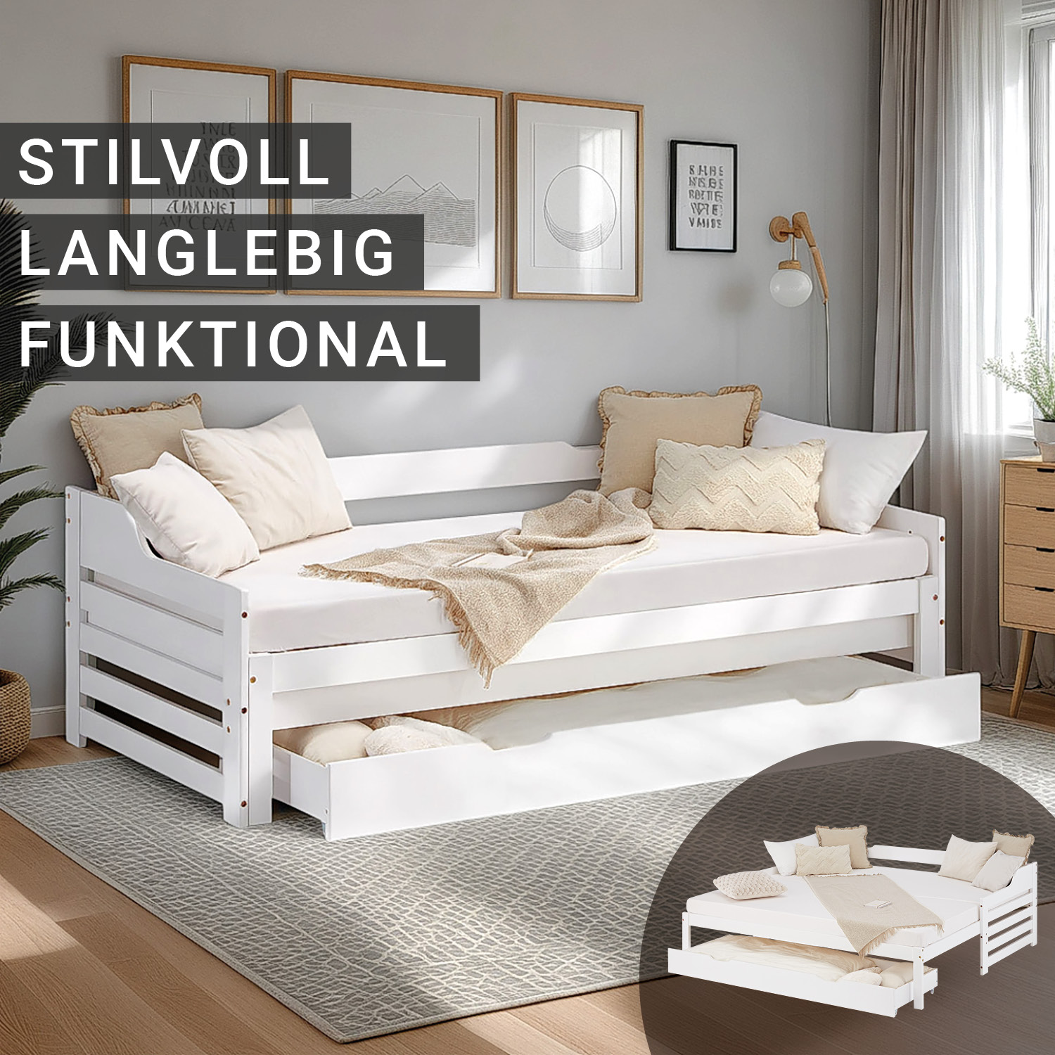 Gästebett Holzbett 90x200 cm Weiß Stauraum Tagesbett ausziehbar Jugendbett Ausziehbett Bett mit Bettkasten Matratze