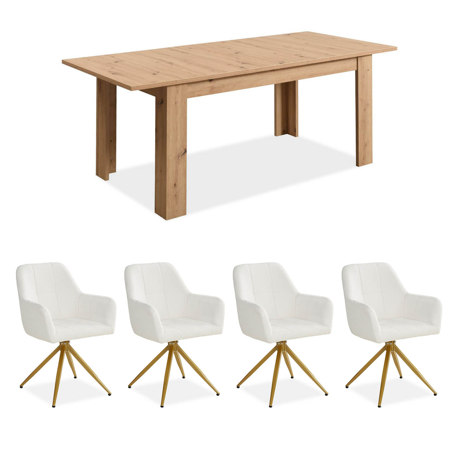 Dining set | 4-piece set upholstered chairs beige bouclé with armrest | swivel |&nbsp;dining table oak 160 x 90 cm | extendable 200 cm