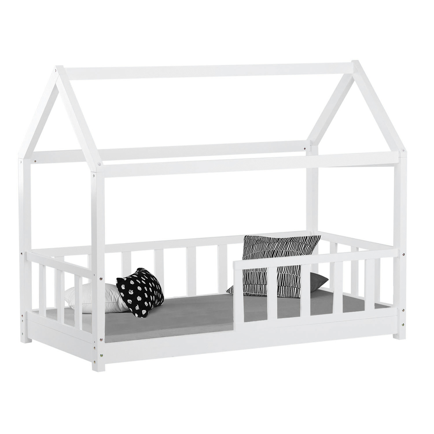 Children's Bed 80x160 cm White | House Bed with Fall Protection | Montessori | Single Bed | with Slatted Frame | Wood