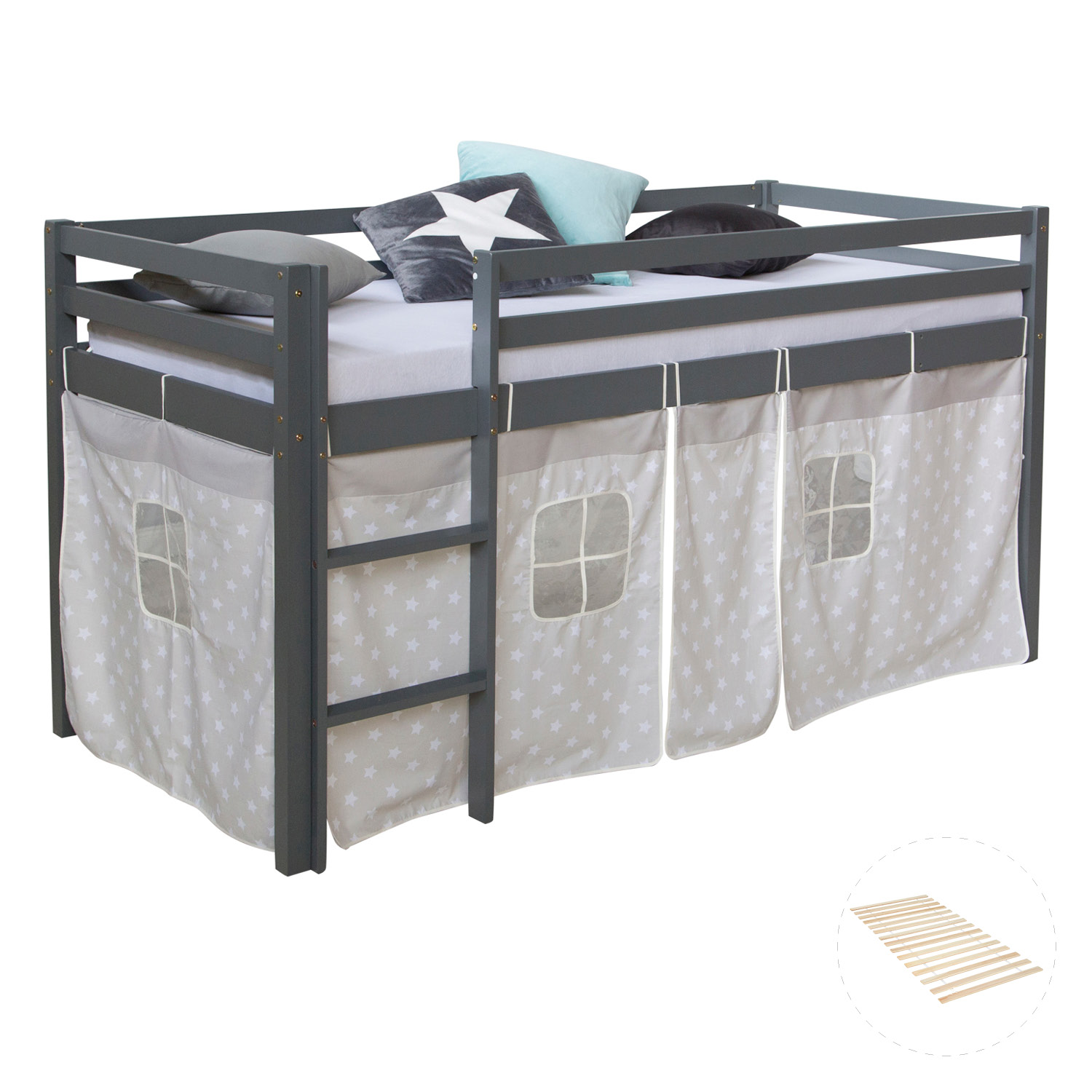 Loft Bed Kids 90x200 cm Gray with Curtain Stars | with Slatted Frame