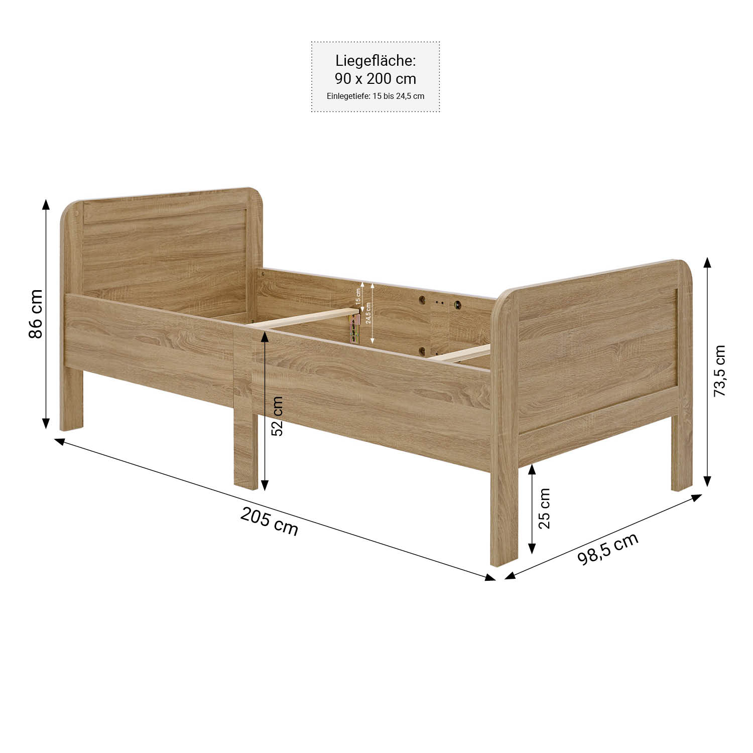 Comfort Bed 90x200 cm Natural | Senior Bed Height Adjustable with Slatted Frame | Single Bed | Wood