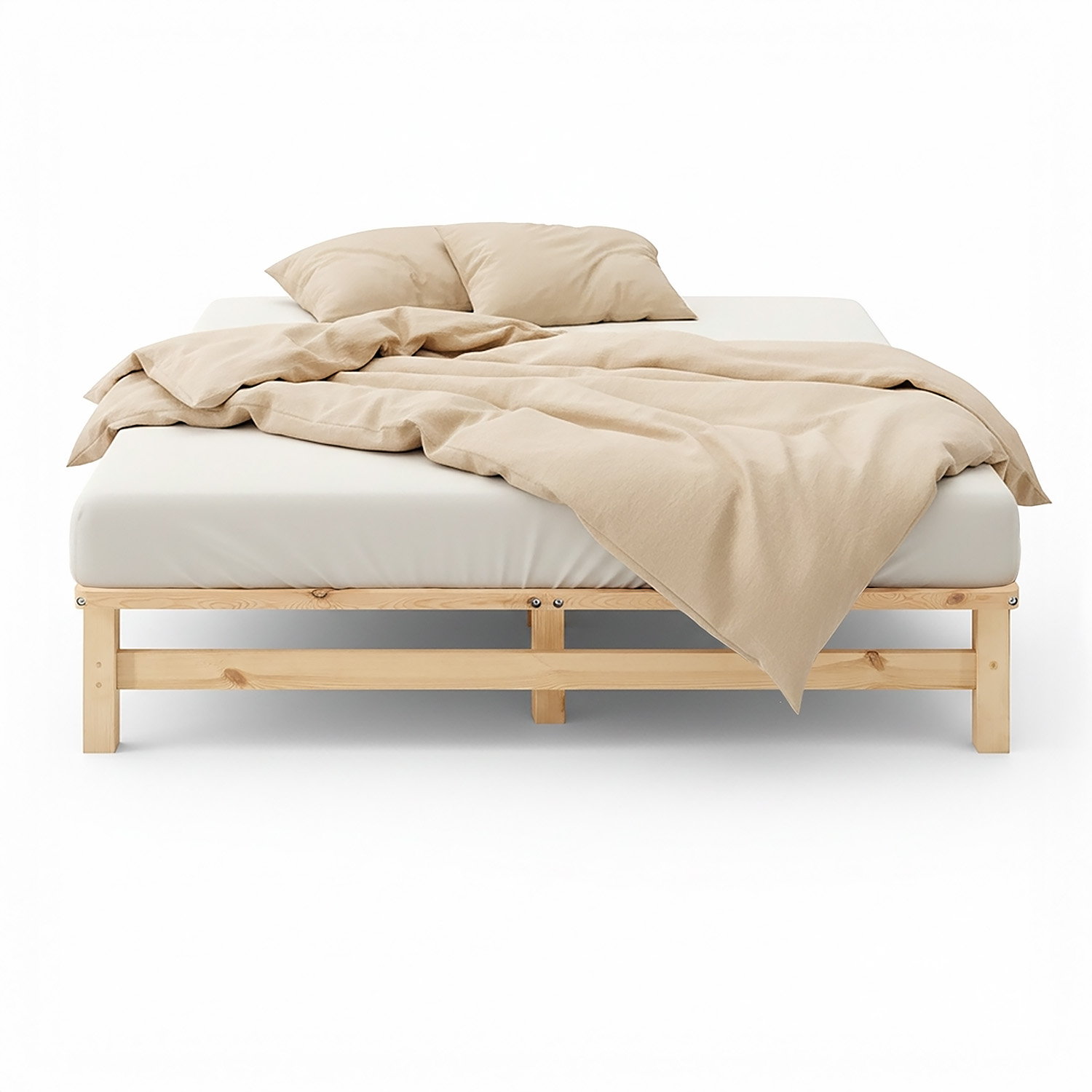 140x200 cm Natural Pallet Bed – Wooden Double Bed with Mattress & Slatted Base for Teen Rooms, Guest Rooms, and Bedrooms
