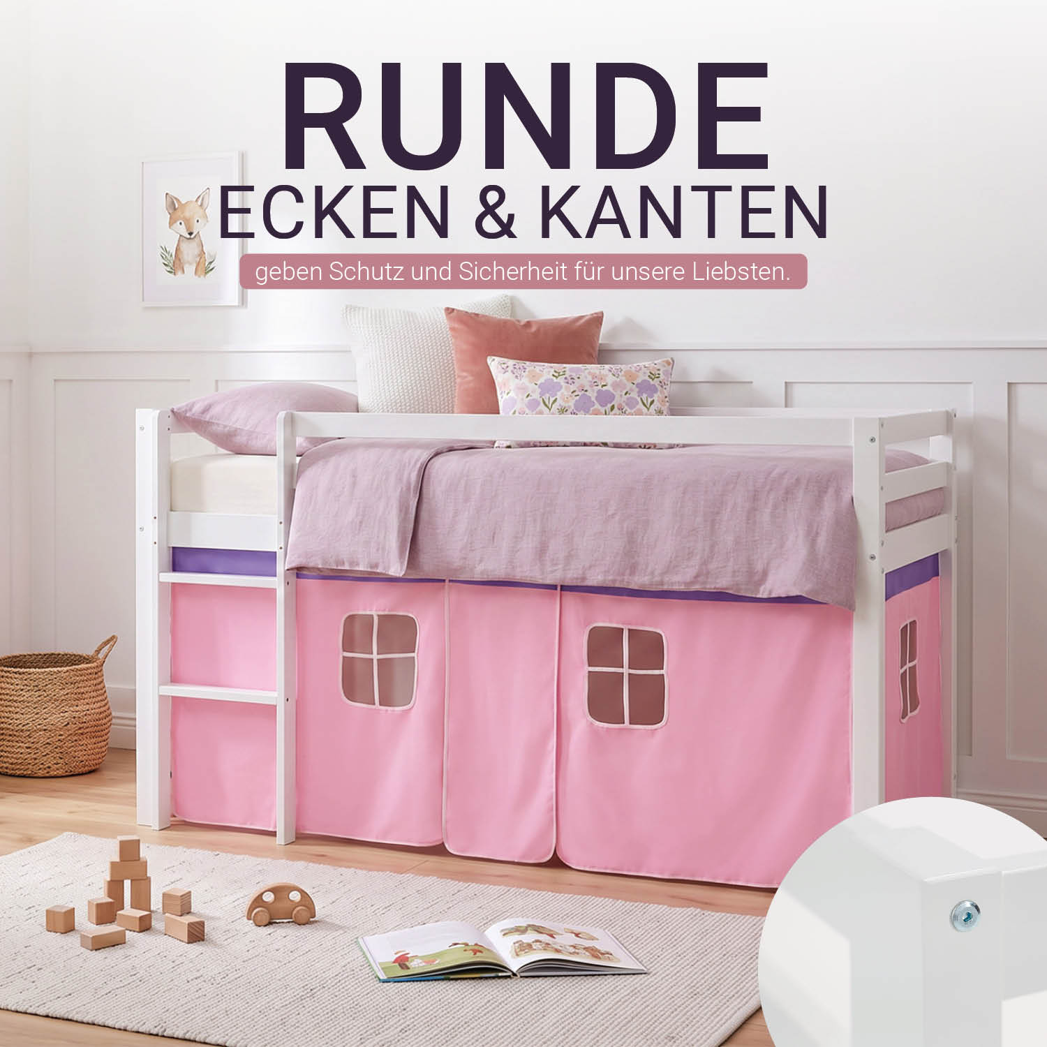 Children's Loft Bed, 90x200 cm, White with Pink Curtain | Without Slatted Base