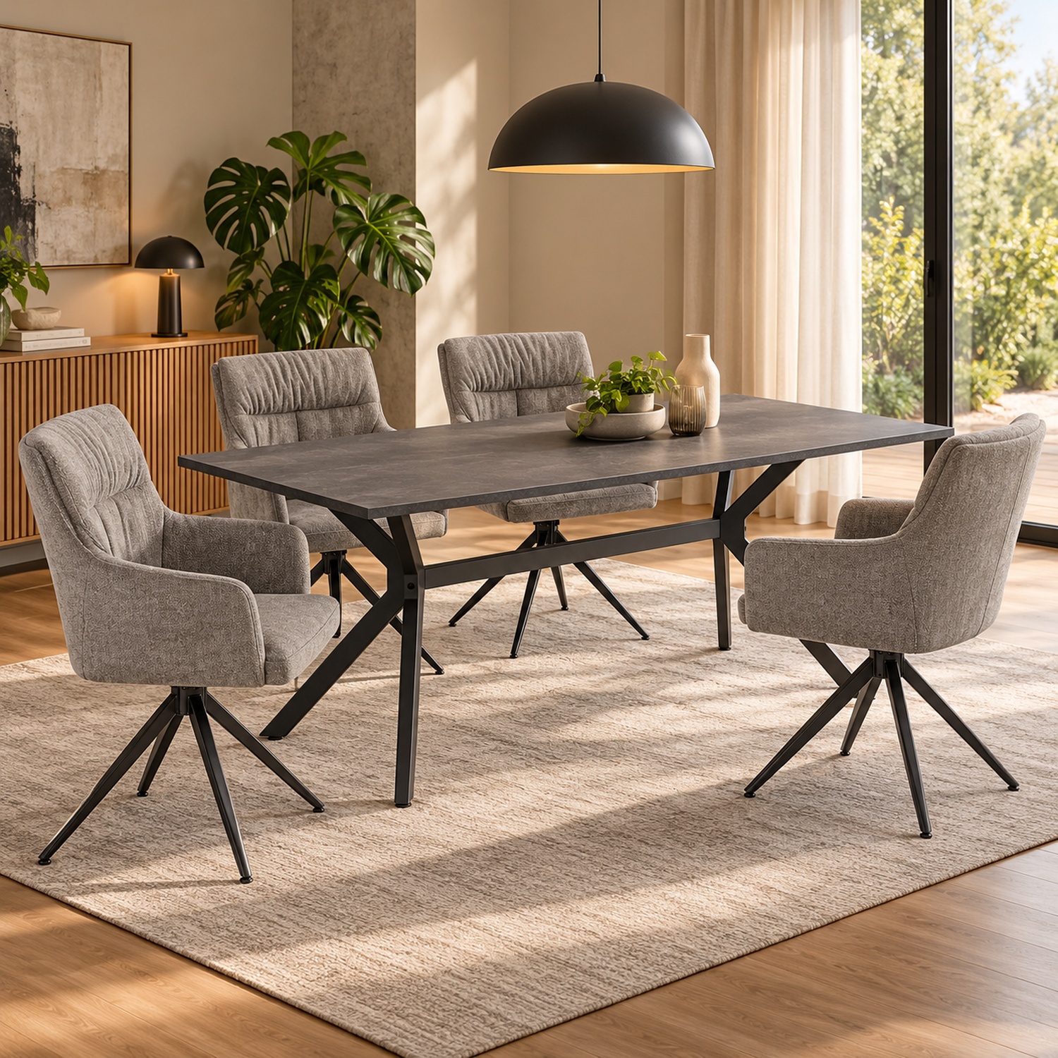 Esstisch mit 4 oder 6 Stühlen Set Essgruppe Polsterstühle Drehbar Grau Esszimmertisch 180x90 cm Metall Schiefer Anthrazit