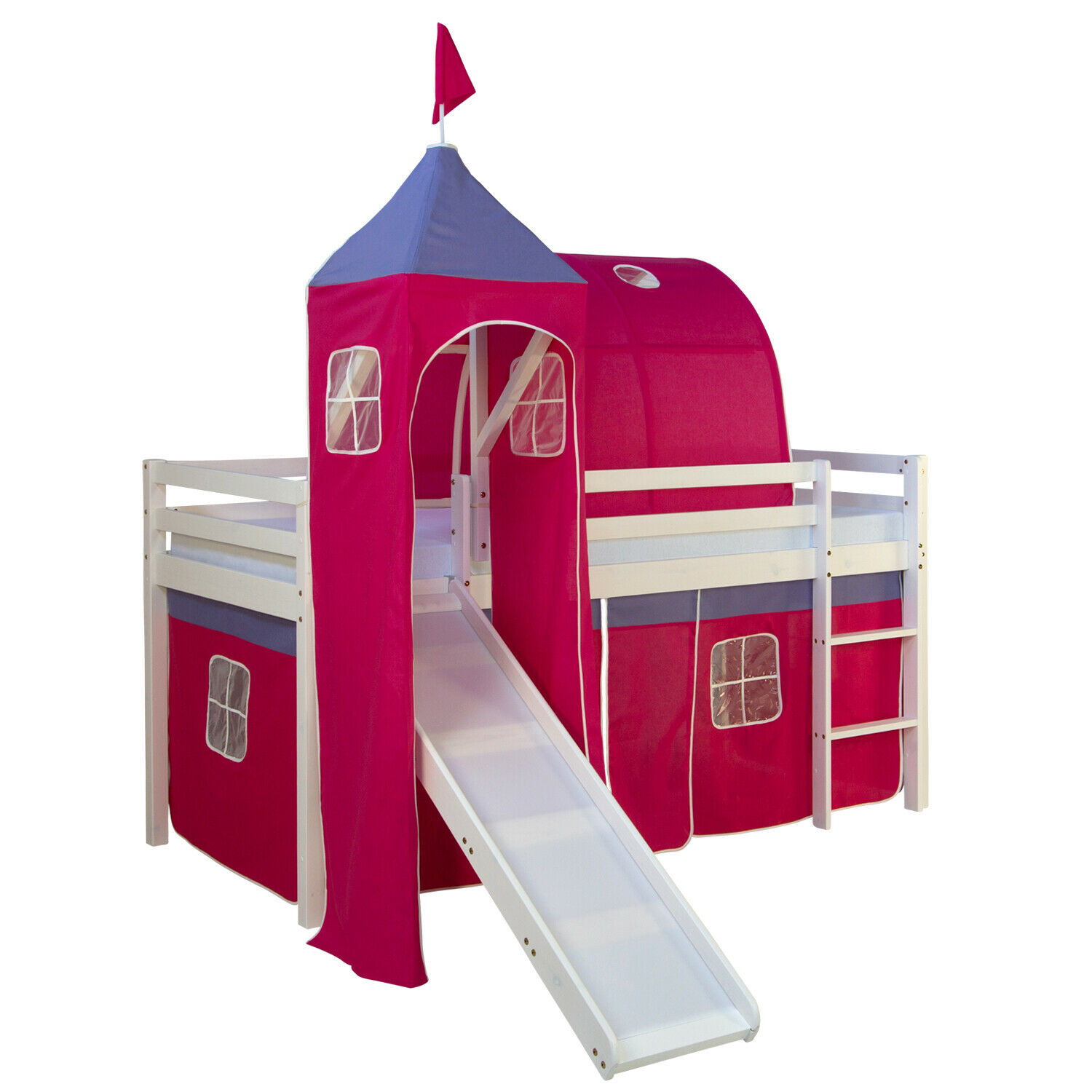 Loft Bed Kids 90x200 cm White with Curtain in Pink | Tunnel | Tower | Slide | without Slatted Frame Loft Bed Kids 90x200 cm White with Curtain in Pink | Tunnel | Tower | Slide | without Slatted Frame