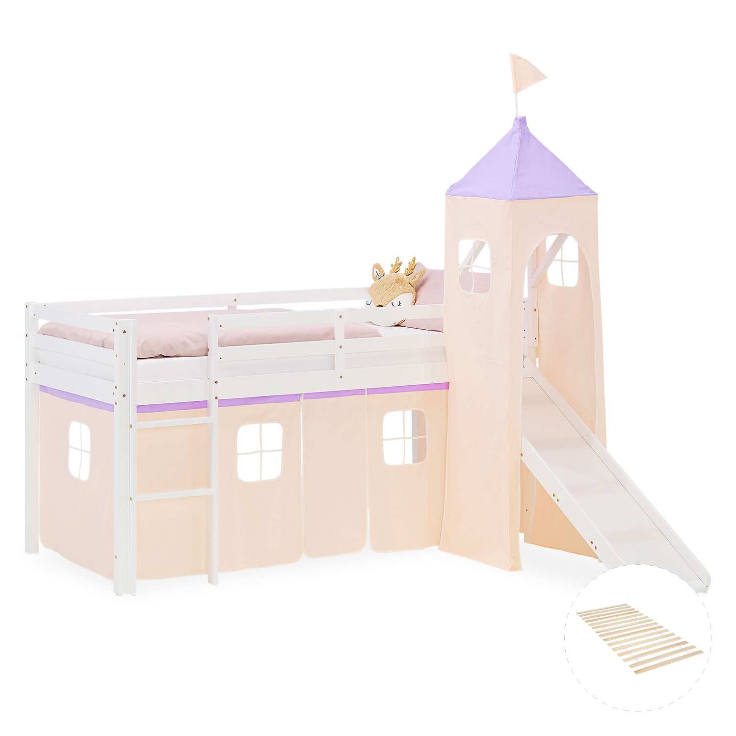 Loft Bed for Kids 90x200 cm White with Curtain in Lilac Beige | Slide | Tower | with Slatted Frame