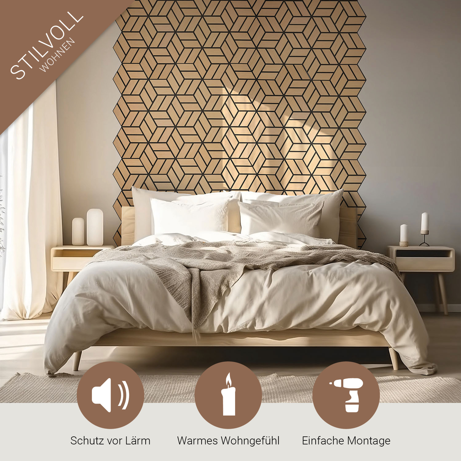 Acoustic Panels Wall Panels Hexagon Honeycomb 30 x 26 cm Natural Oak | Wood | 4-piece Set | 3D