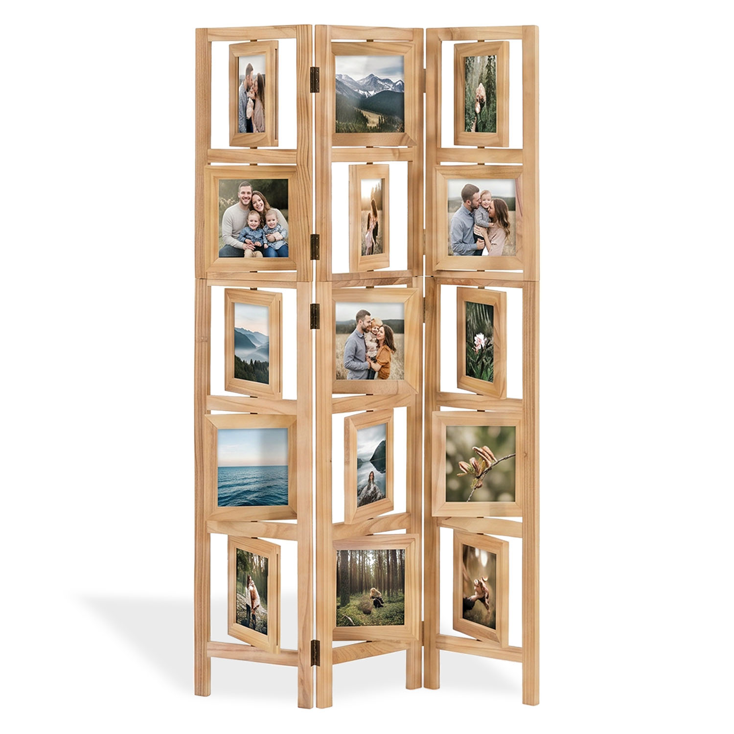 3-Panel "Nature" Folding Screen with Photos – Wooden Room Divider as a Photo Display