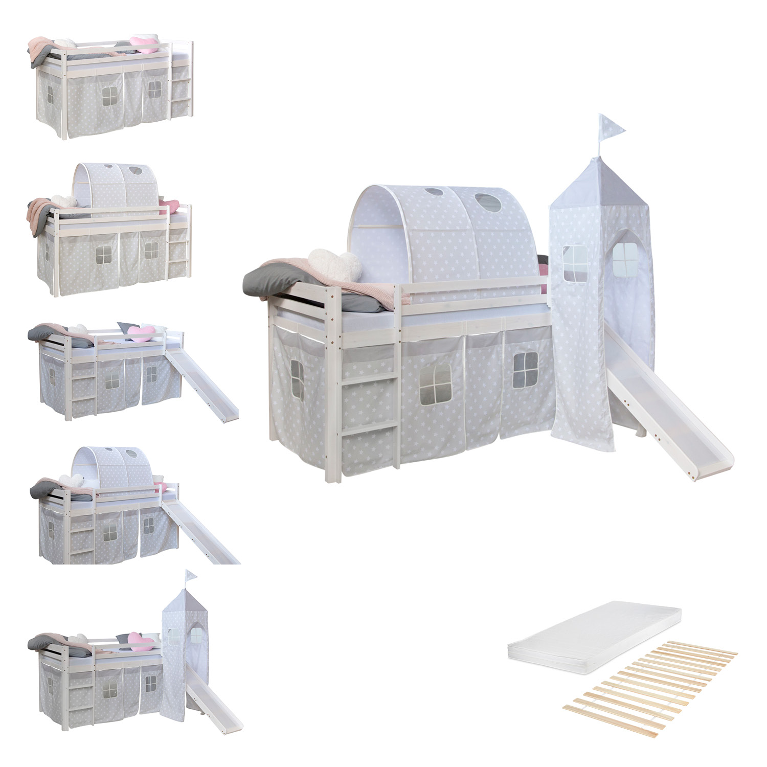 Loftbed 90x200 cm Bunk bed Childrens bed Solid Pine Wood Tower Tunnel Curtain Grey Stars Slide Mattress Slats