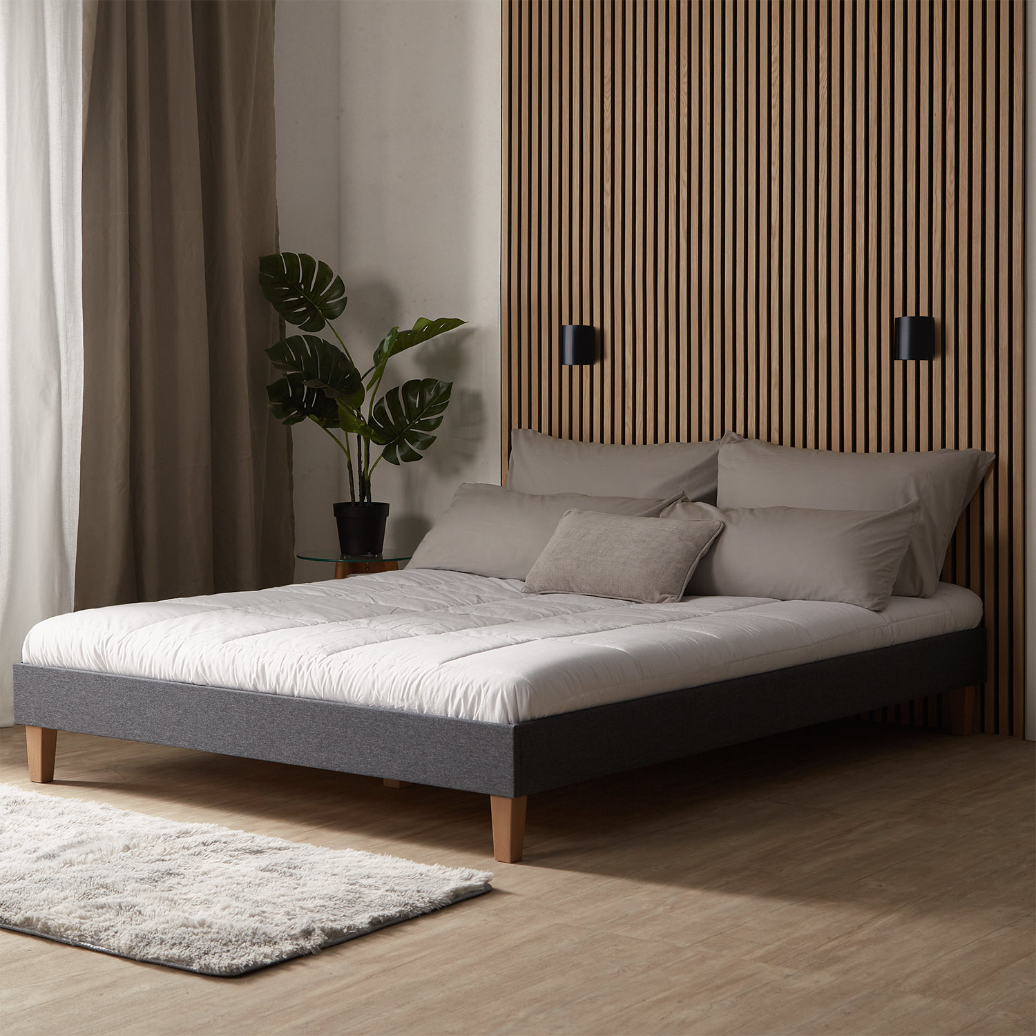 Upholstered bed 160x200 cm grey | futon bed | with slatted frame | double fabric bed frame