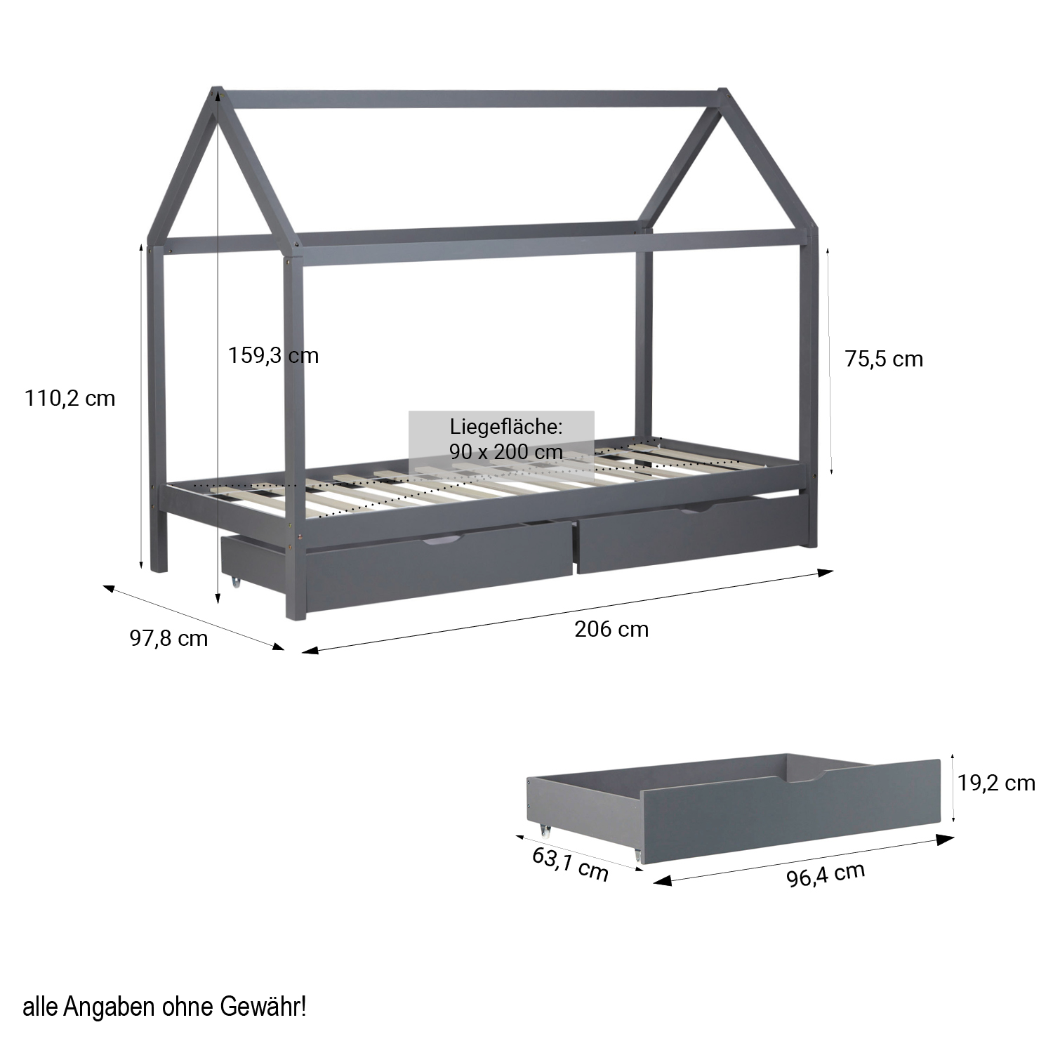Children's Bed 90x200 cm Gray | House Bed with Drawers | Single Bed | with Slatted Frame | Wood
