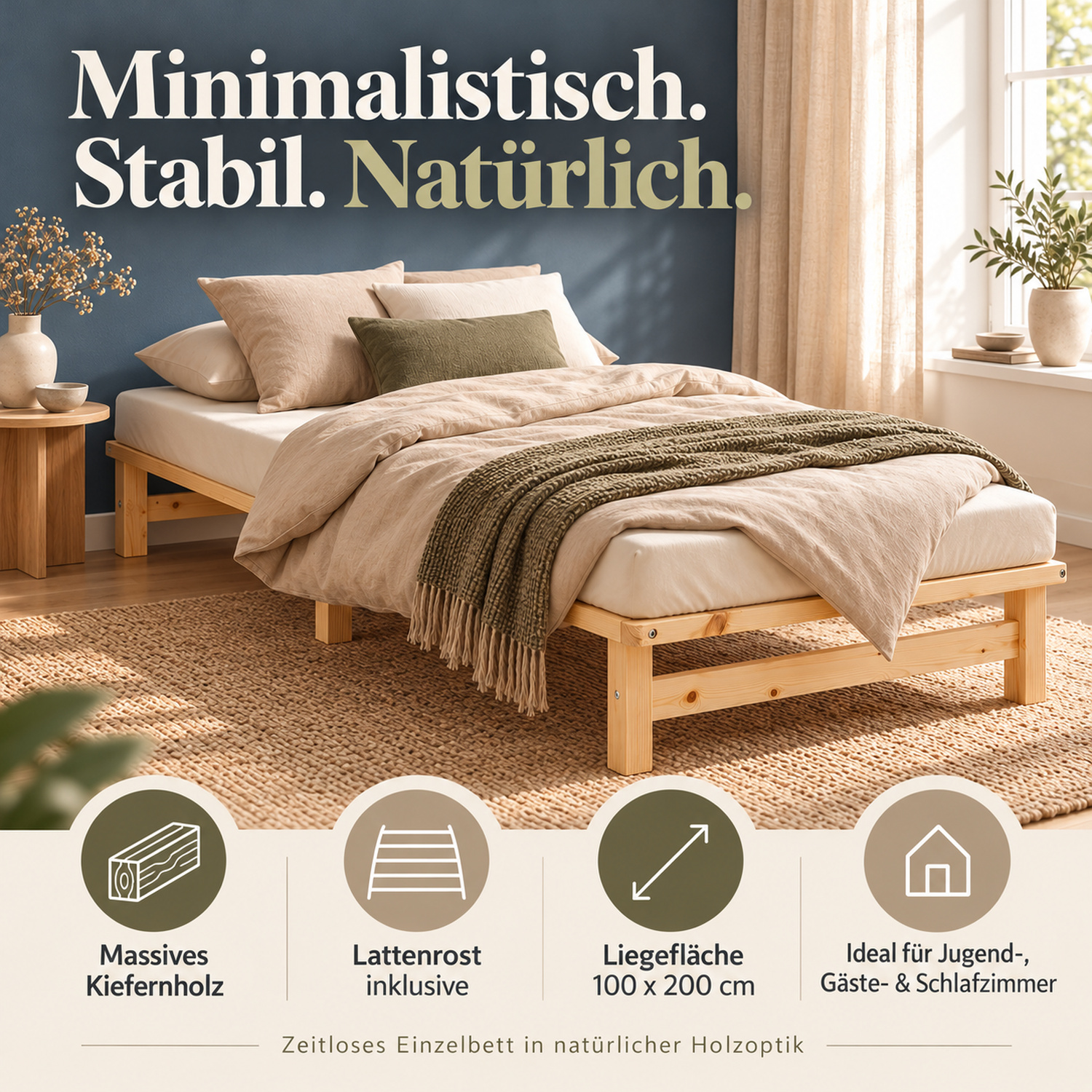 100x200 cm Natural Pallet Bed – Wooden Single Bed with Mattress & Slatted Base for Teen Rooms, Guest Rooms, and Bedrooms