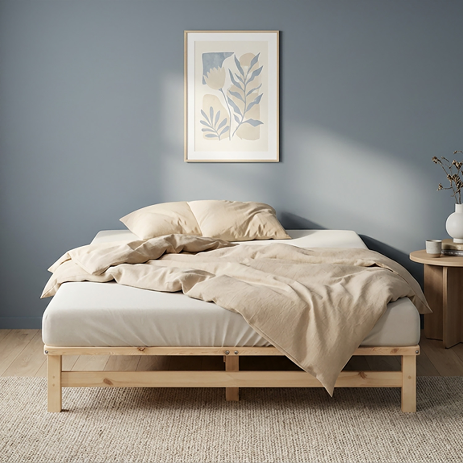 140x200 cm Natural Pallet Bed – Wooden Double Bed with Mattress & Slatted Base for Teen Rooms, Guest Rooms, and Bedrooms