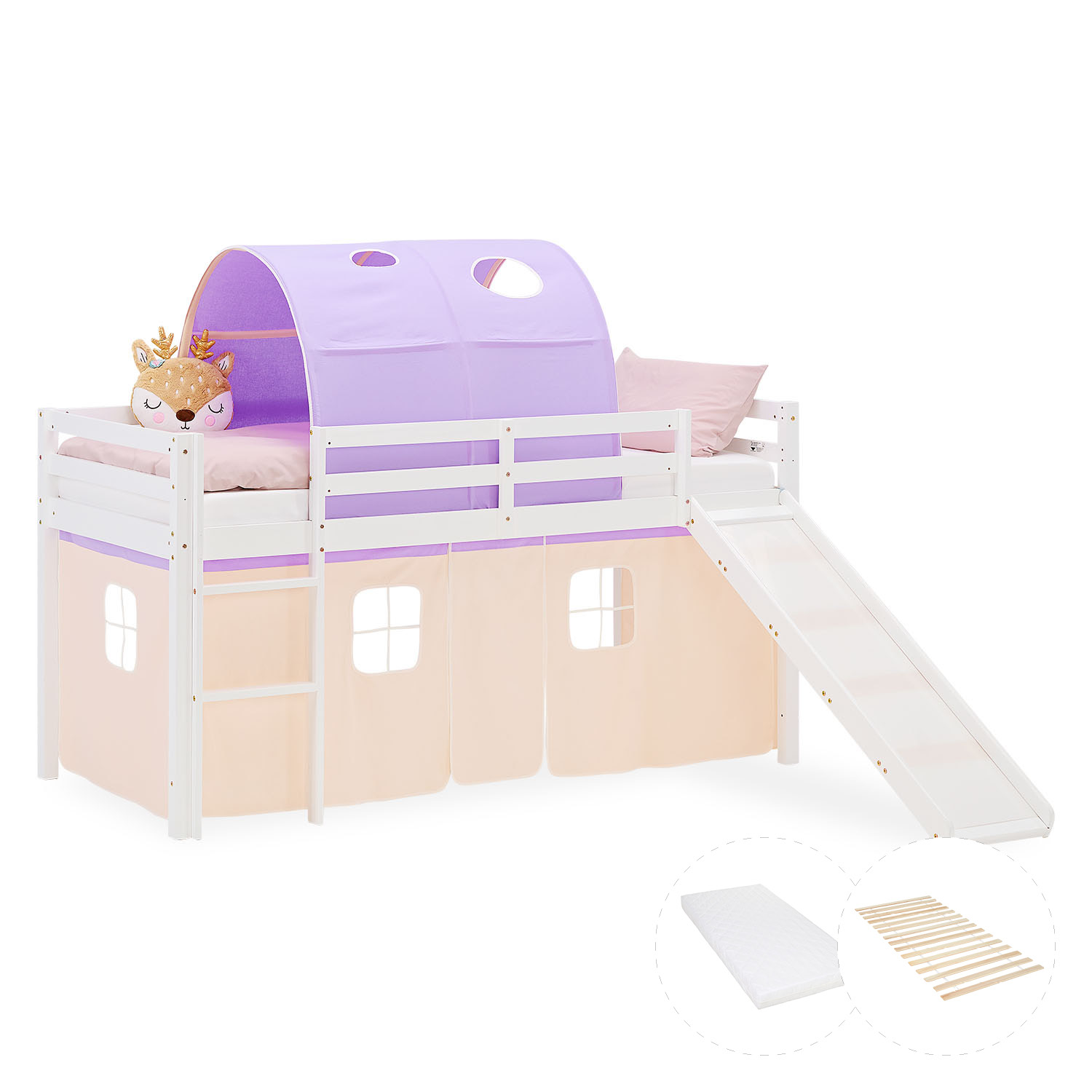 Kinderhochbett in Lila mit Elementen aus Kiefernholz, Lattenrost, Matratze, Rutsche, Spieltunnel und Spielvorhang. Das weiße Hochbett ist mit Matratze und Kissen vor weißem Hintergrund abgebildet. Sichtbar sind eine Leiter, seitliche Schutzgitter, ein Spi
