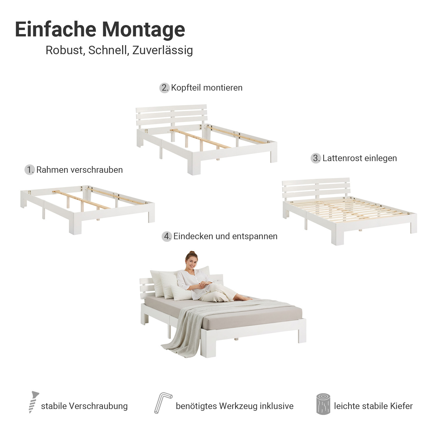 Wooden Bed 120x200 cm White | Double Bed | With Slatted Base | Solid Wood | Children's, Teen's, or Guest Bedroom