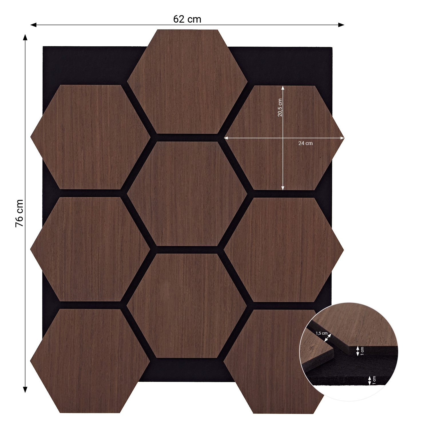 Acoustic Panels Wall Panels Hexagon Honeycomb 76 x 62 cm Brown Walnut | Wood | 4-piece Set | 3D