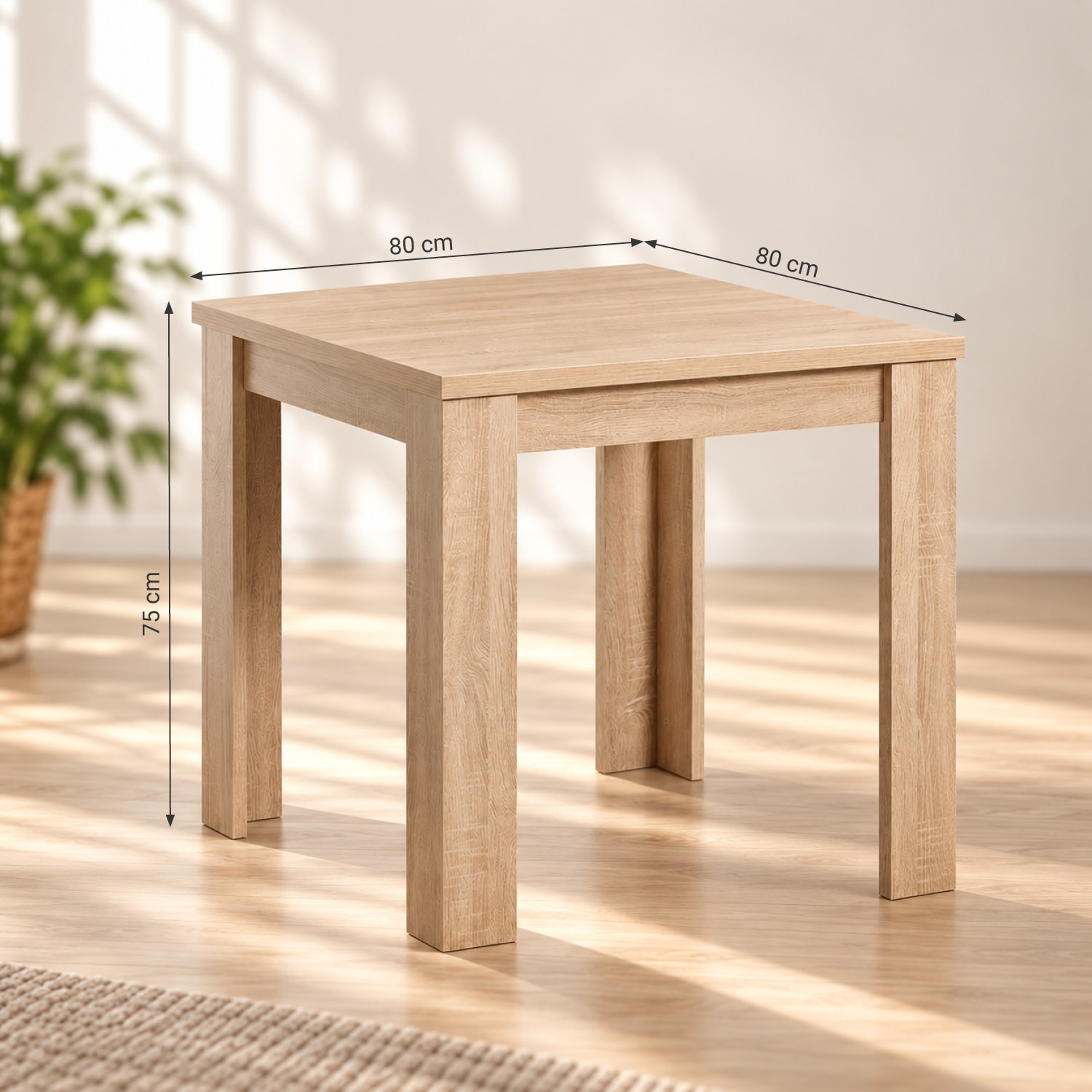 Dining Set (3-Piece): 80x80 cm oak dining table with 2 grey plastic chairs and wooden legs