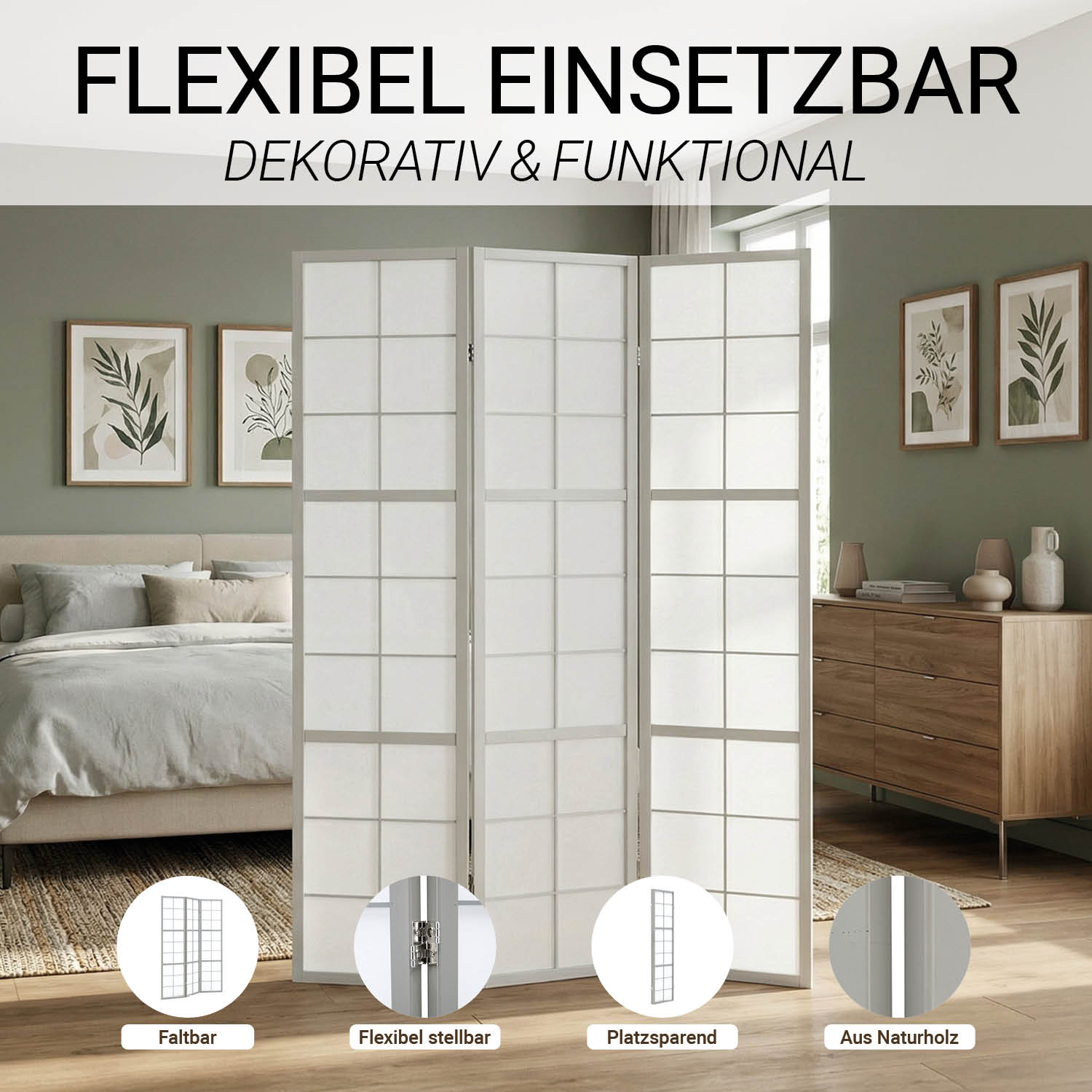 Paravent Grey Shoji | 3-panel | Wood | Room Divider | Partition Privacy Screen