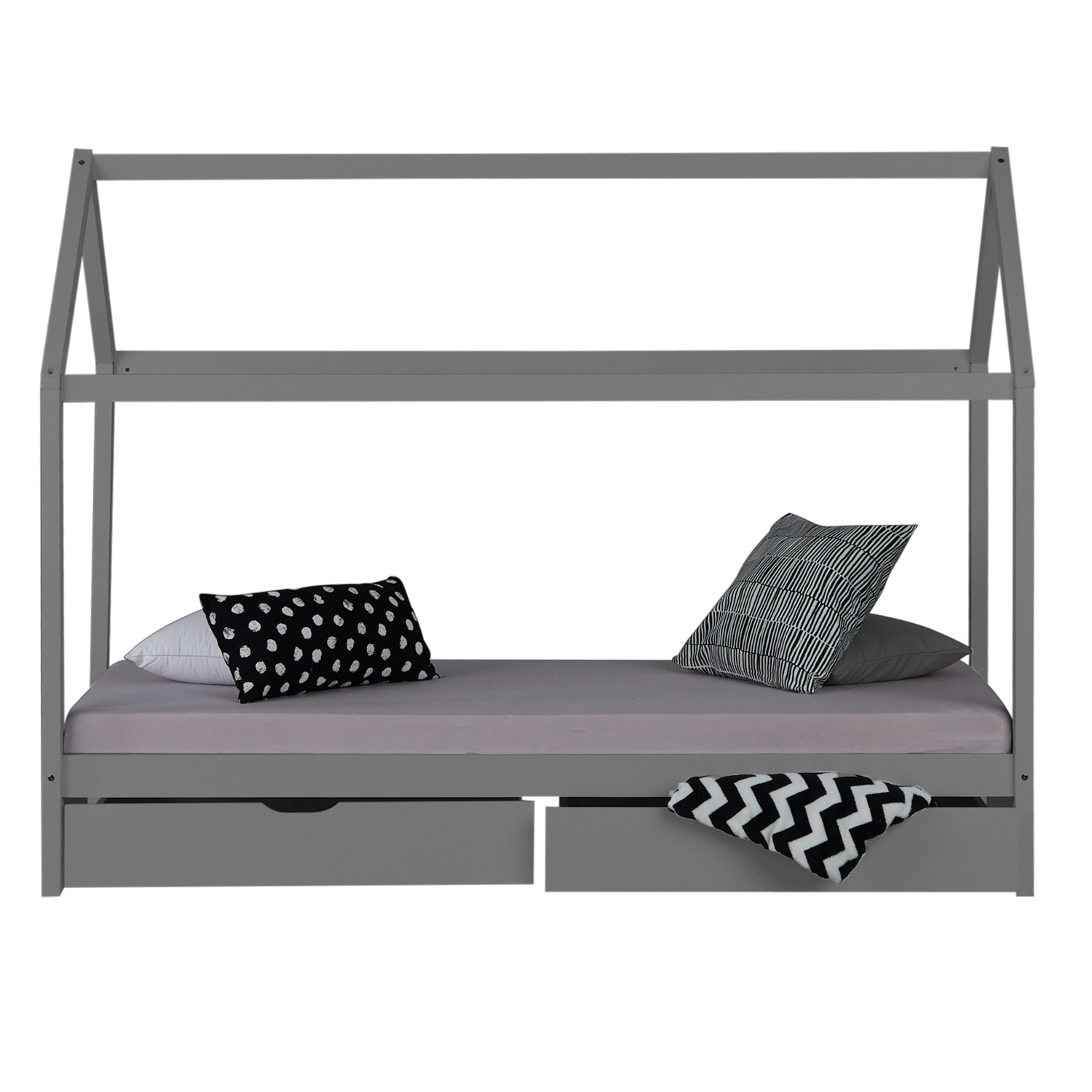 Kinderbett Kinderhaus Spielbett Hausbett 90x200 cm Grau mit Bettkasten